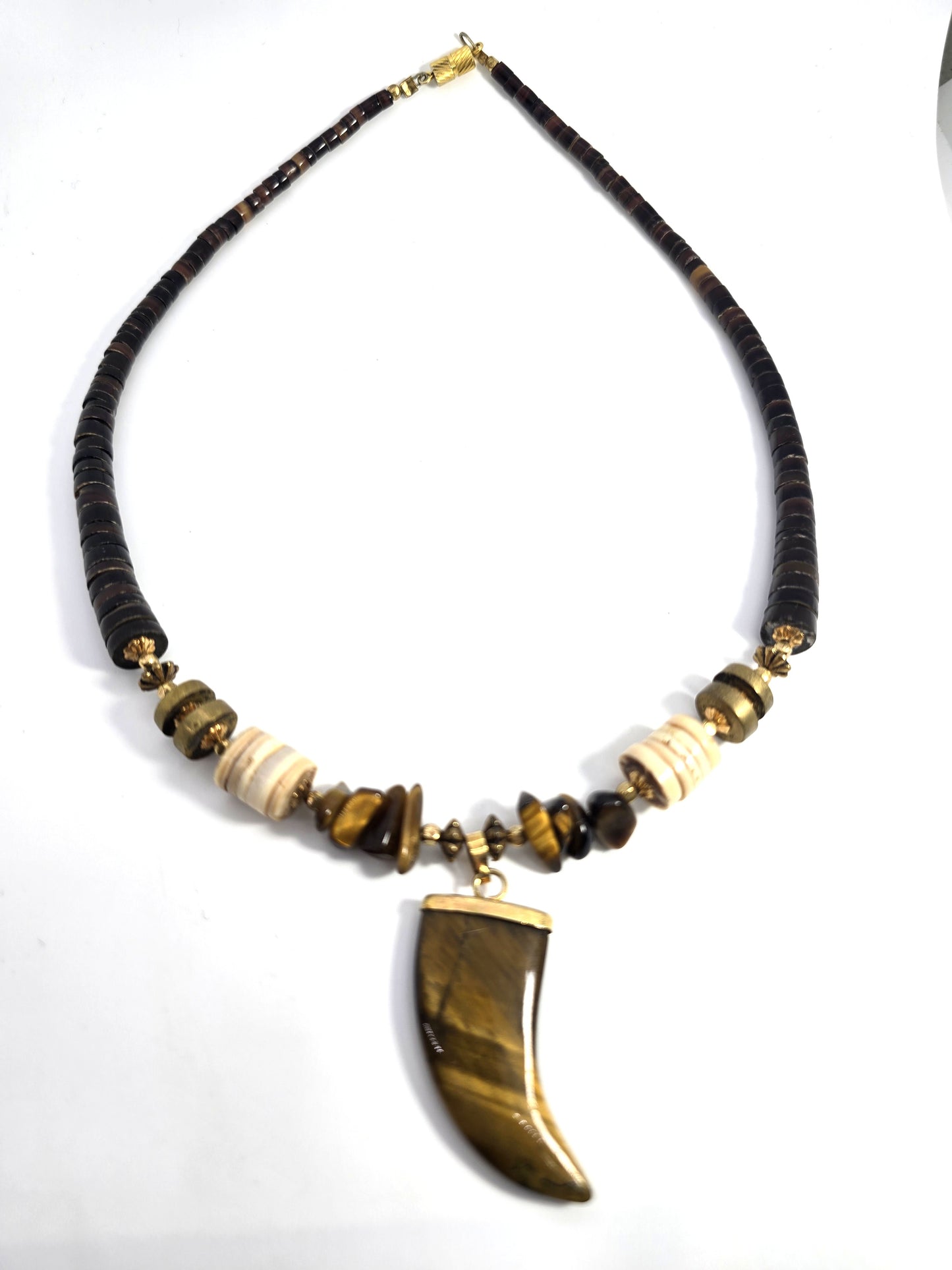 Tiger's eye Bear Claw Heishi beaded gemstone brass vintage  necklace