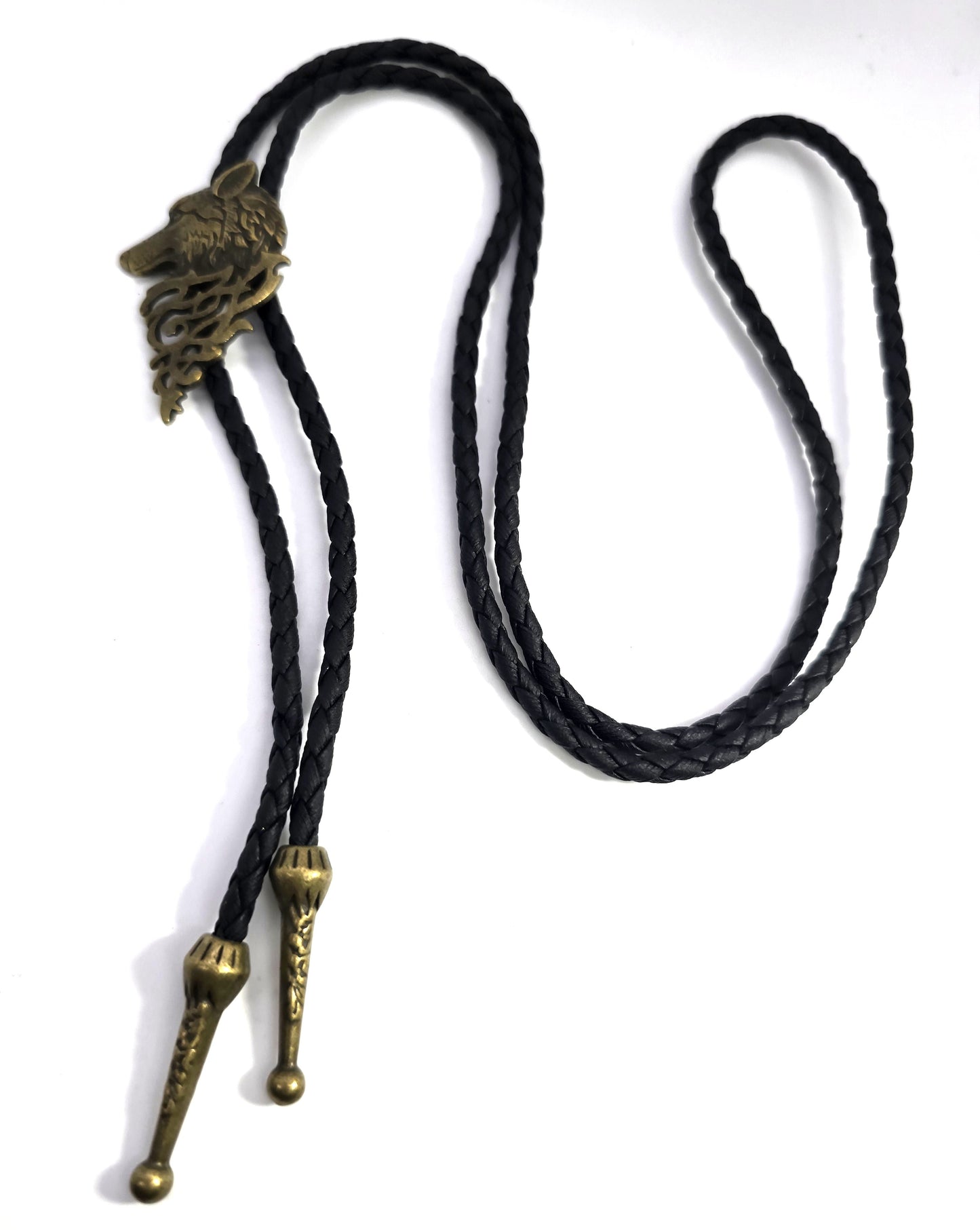 Bronze wolf leather necktie braided Bolo southwestern Neck tie brass tipped