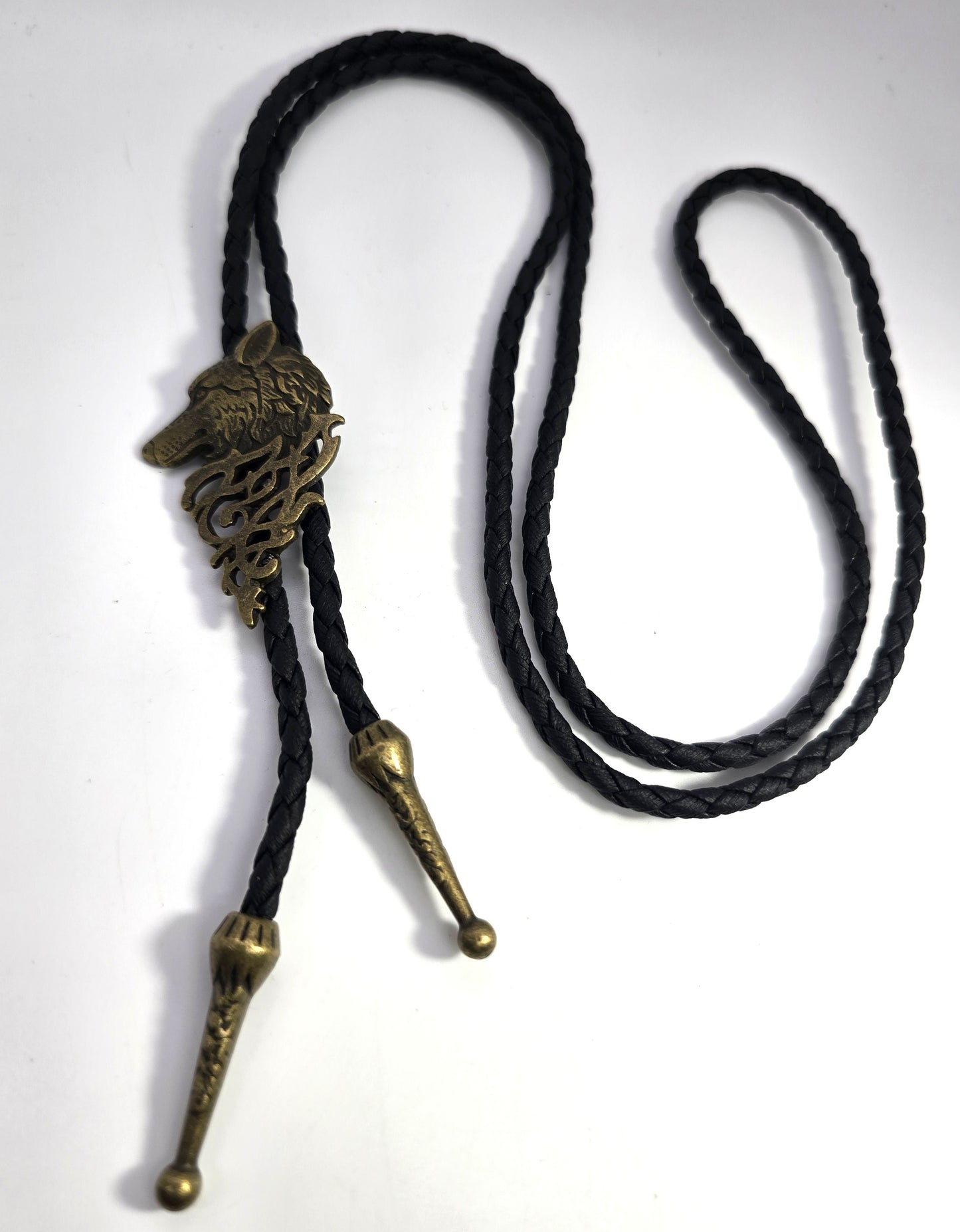 Bronze wolf leather necktie braided Bolo southwestern Neck tie brass tipped