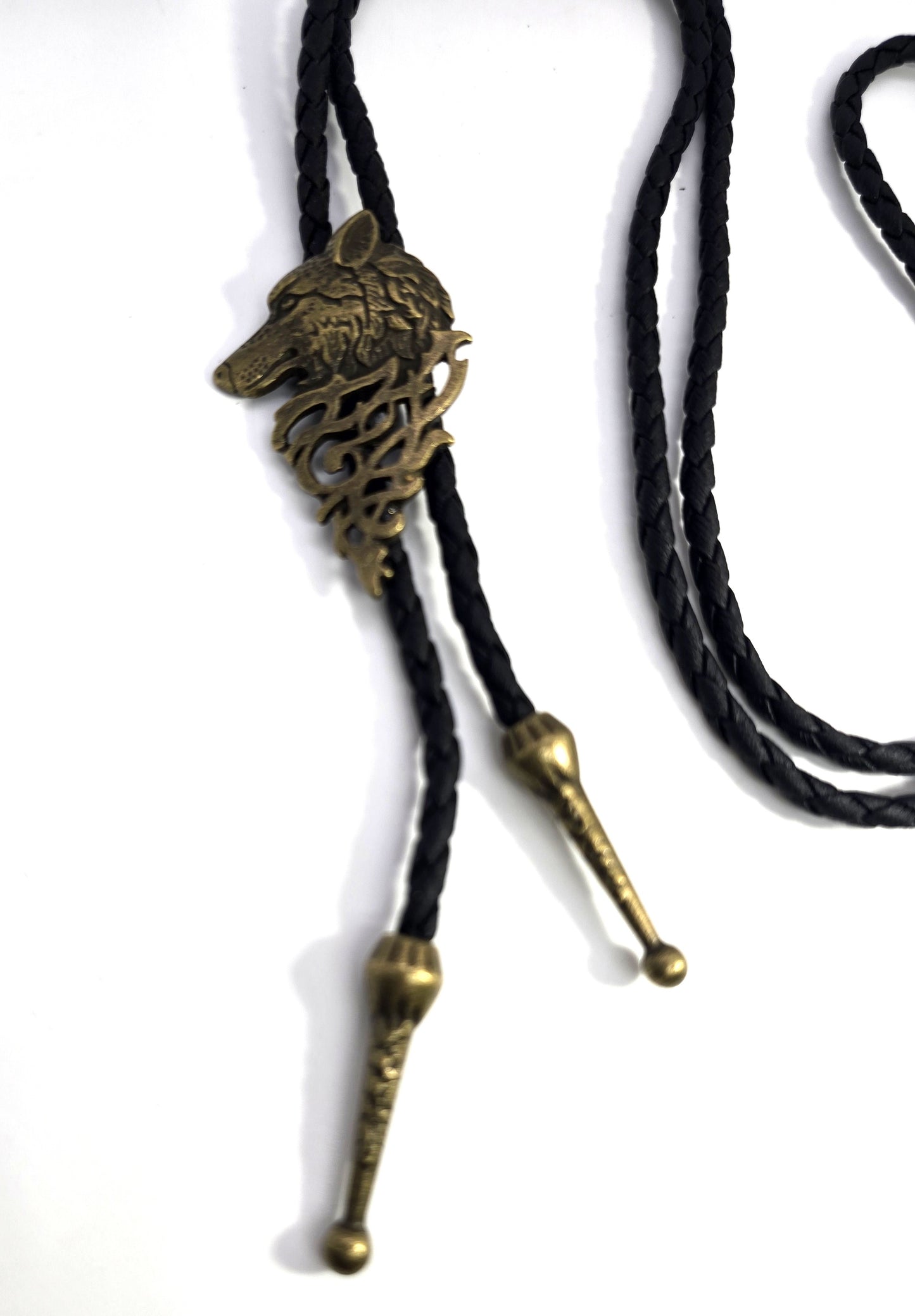Bronze wolf leather necktie braided Bolo southwestern Neck tie brass tipped