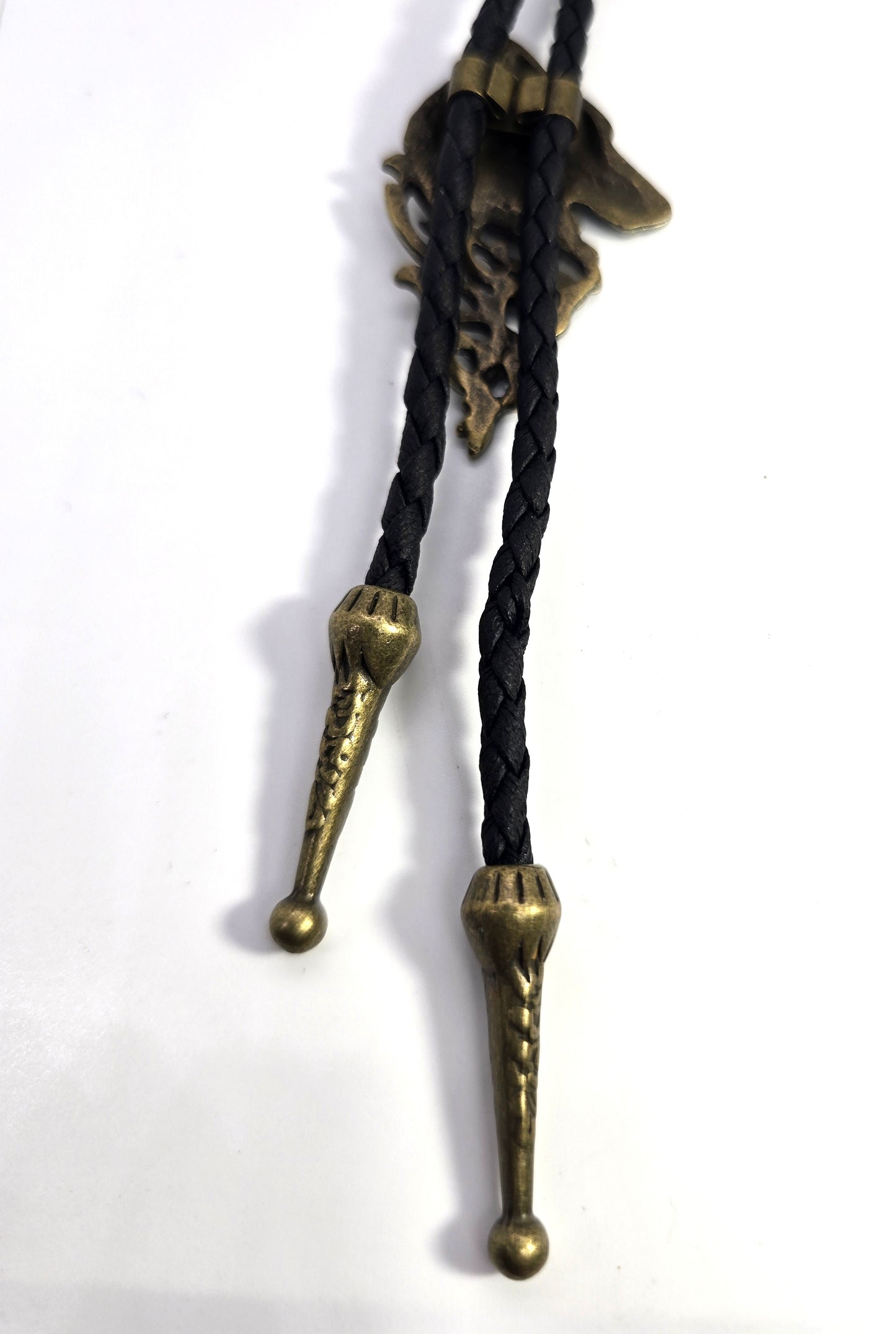 Bronze wolf leather necktie braided Bolo southwestern Neck tie brass tipped