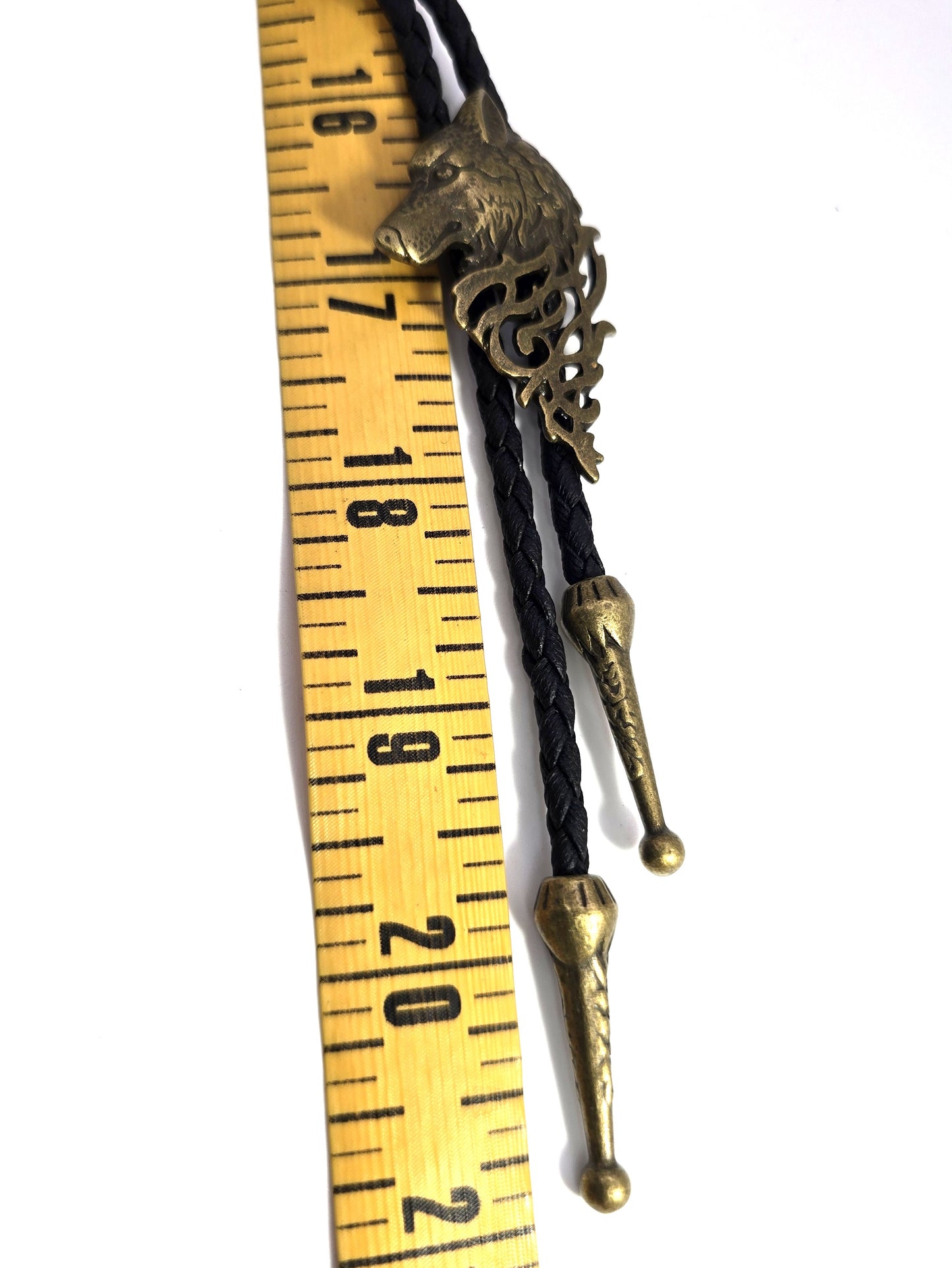 Bronze wolf leather necktie braided Bolo southwestern Neck tie brass tipped