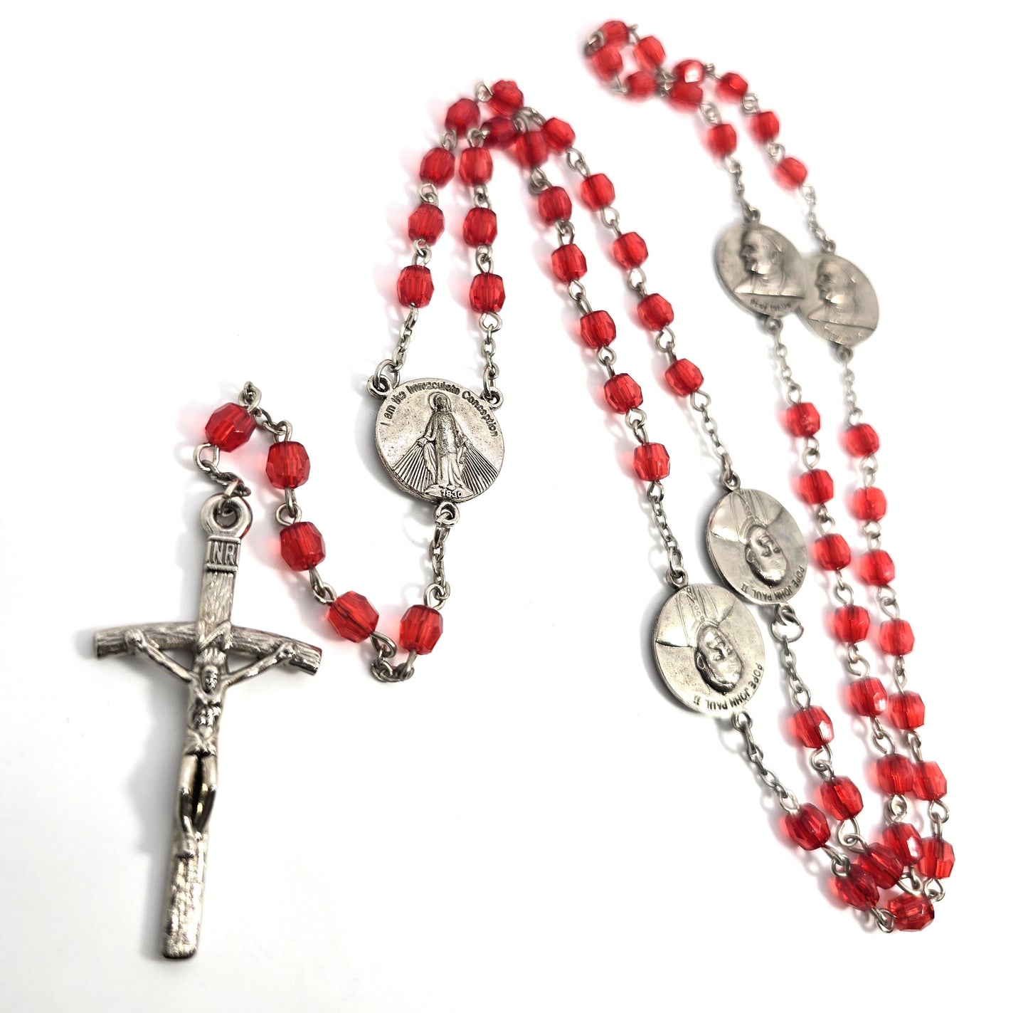 Pope John Paul II Austrian crystal red beaded vintage rosary crucifix