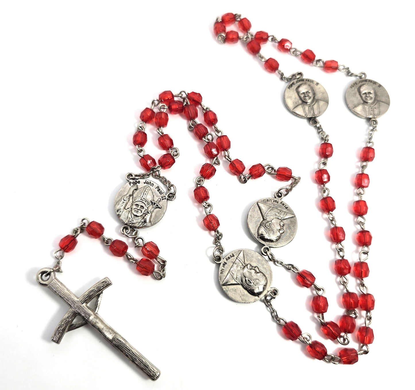 Pope John Paul II Austrian crystal red beaded vintage rosary crucifix