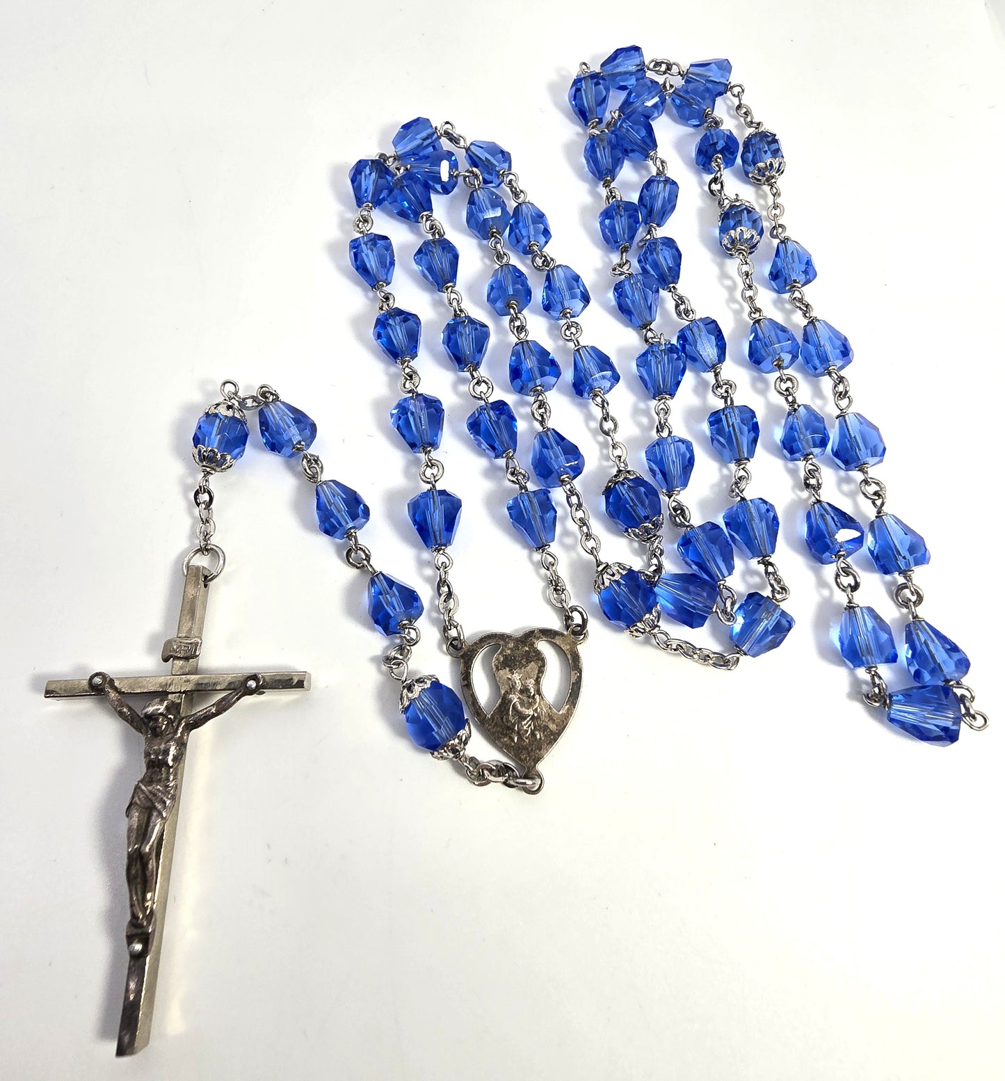 Blue Austrian crystal faceted beaded glass vintage rosary crucifix