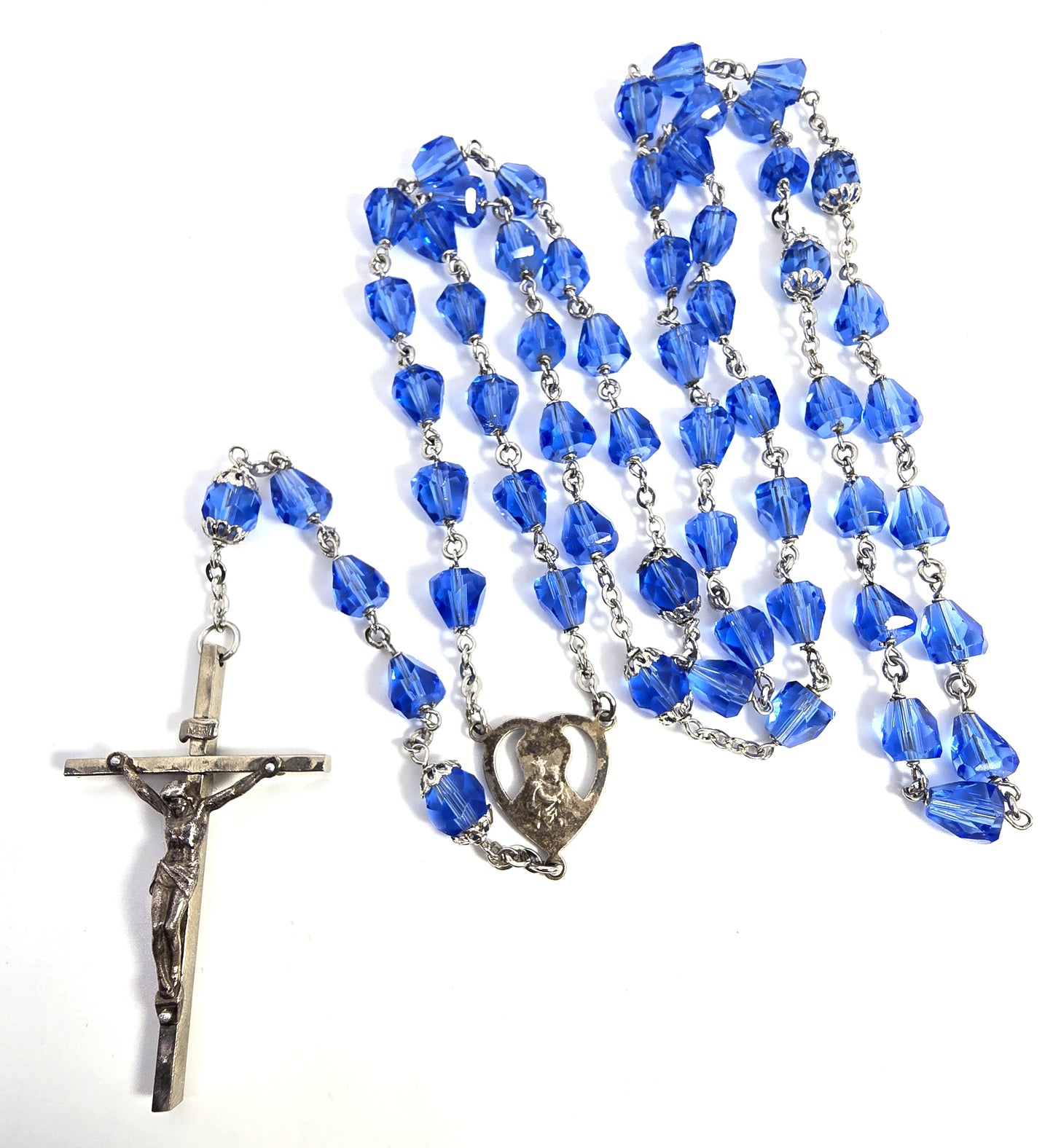 Blue Austrian crystal faceted beaded glass vintage rosary crucifix