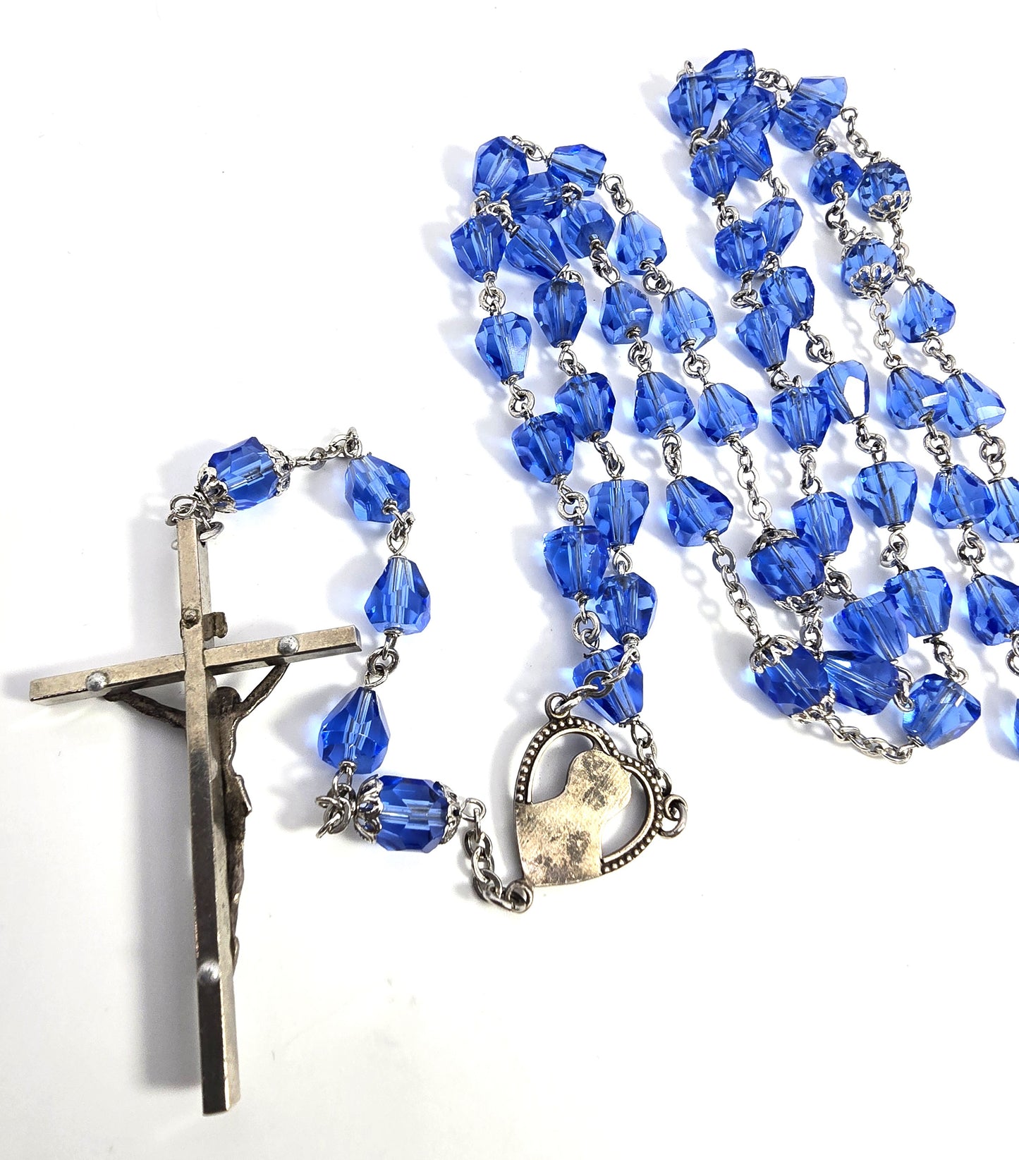 Blue Austrian crystal faceted beaded glass vintage rosary crucifix
