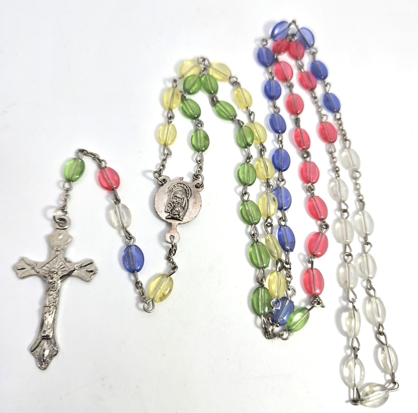 Rainbow oval plastic beaded vintage rosary crucifix