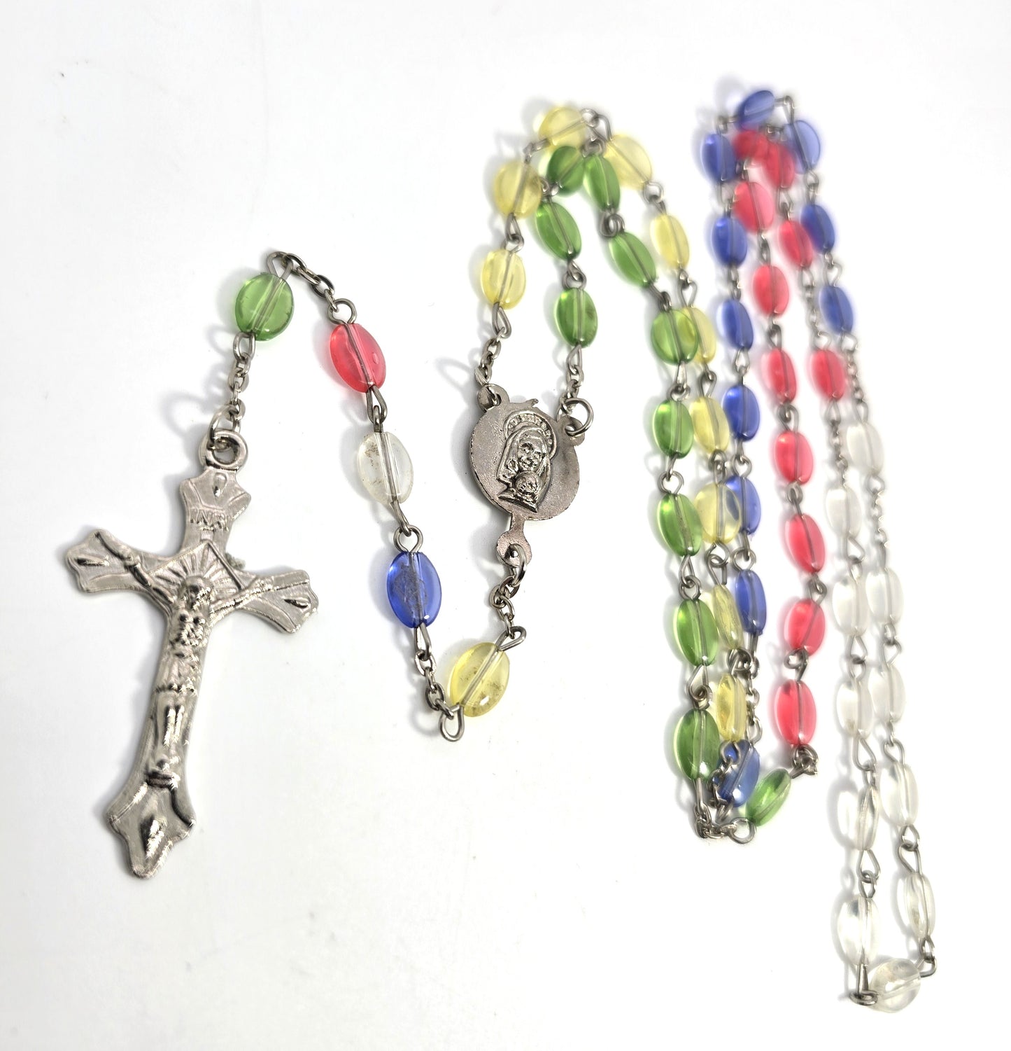 Rainbow oval plastic beaded vintage rosary crucifix