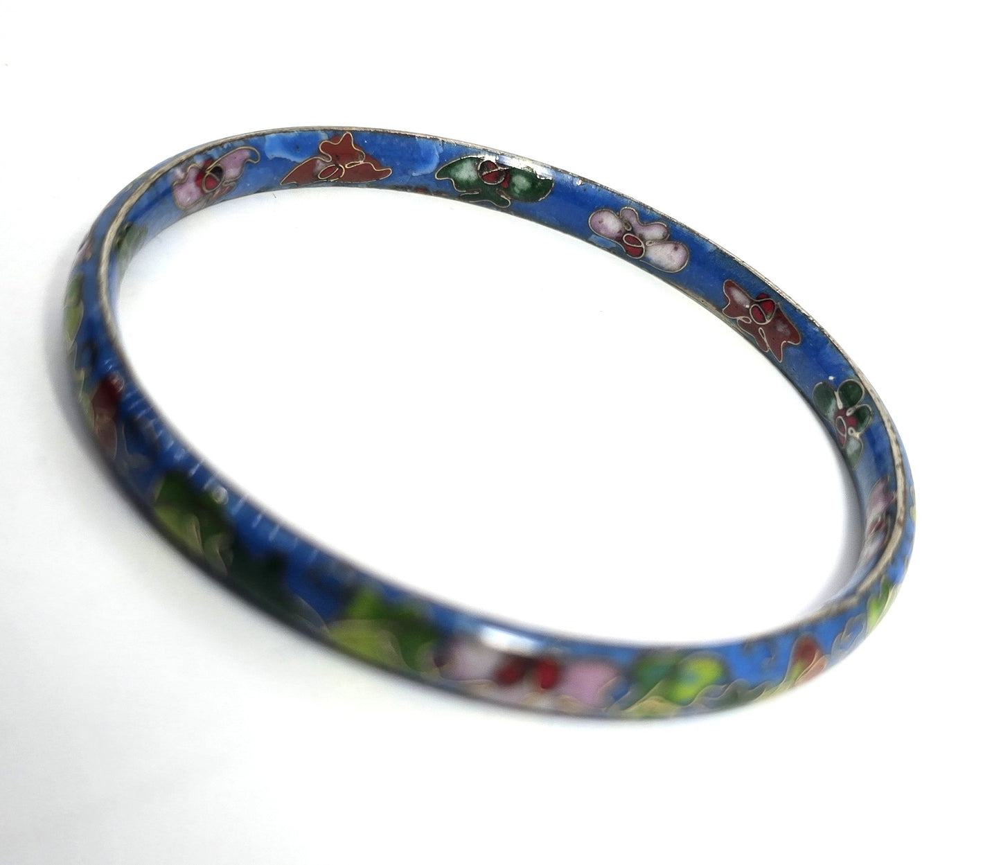 Blue Cloisonne enamel red and pink flower vintage bangle bracelet