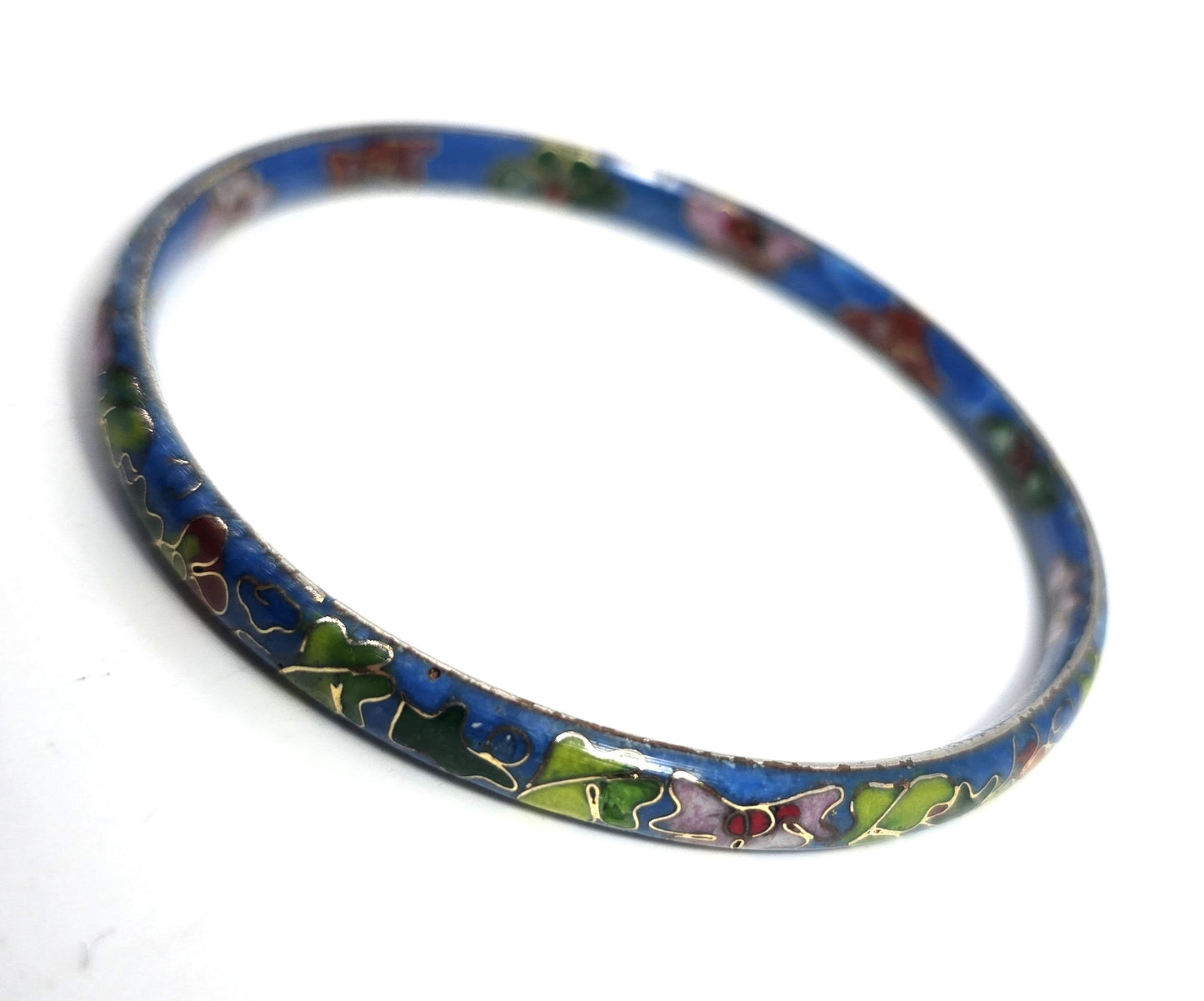 Blue Cloisonne enamel red and pink flower vintage bangle bracelet