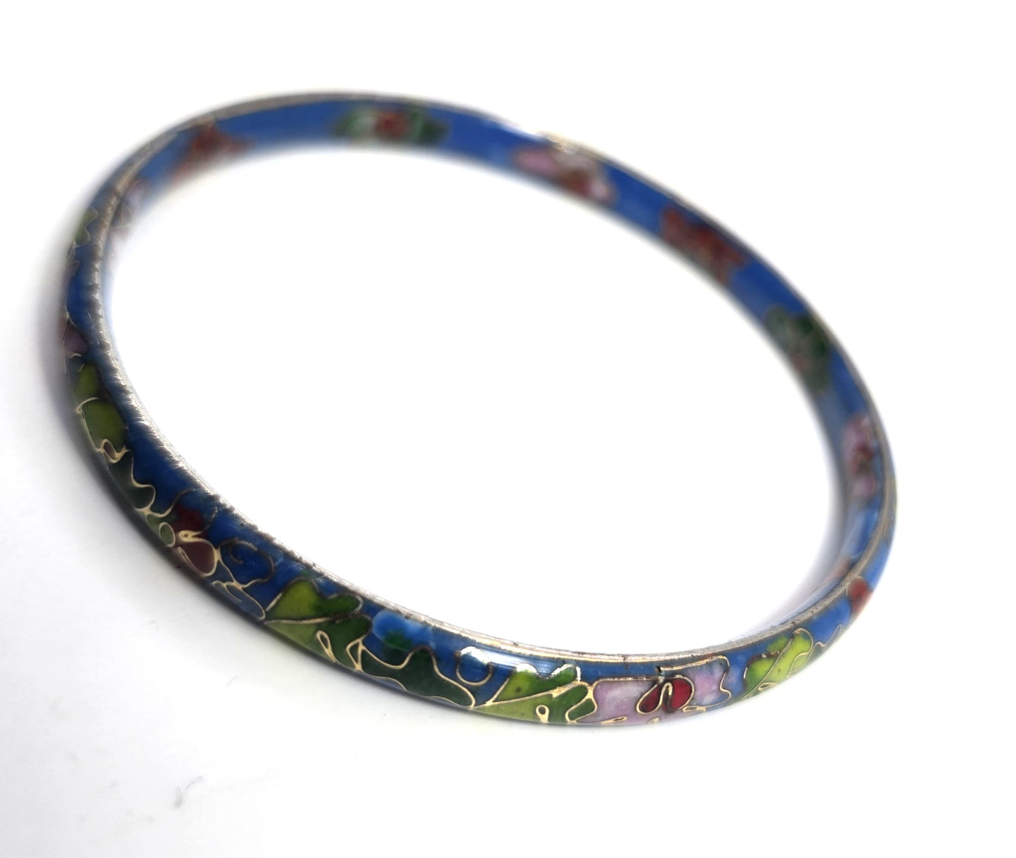Blue Cloisonne enamel red and pink flower vintage bangle bracelet