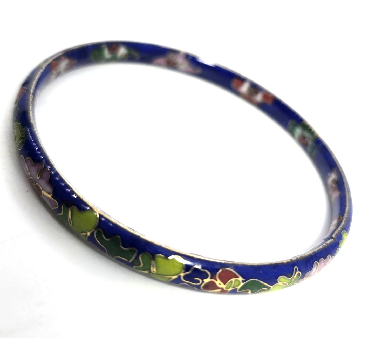 Blue Cloisonne enamel red and pink flower vintage bangle bracelet