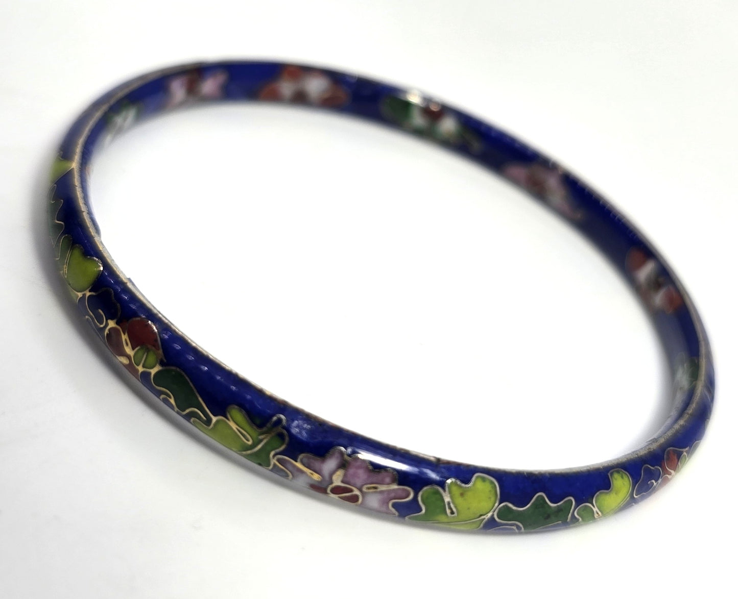Blue Cloisonne enamel red and pink flower vintage bangle bracelet