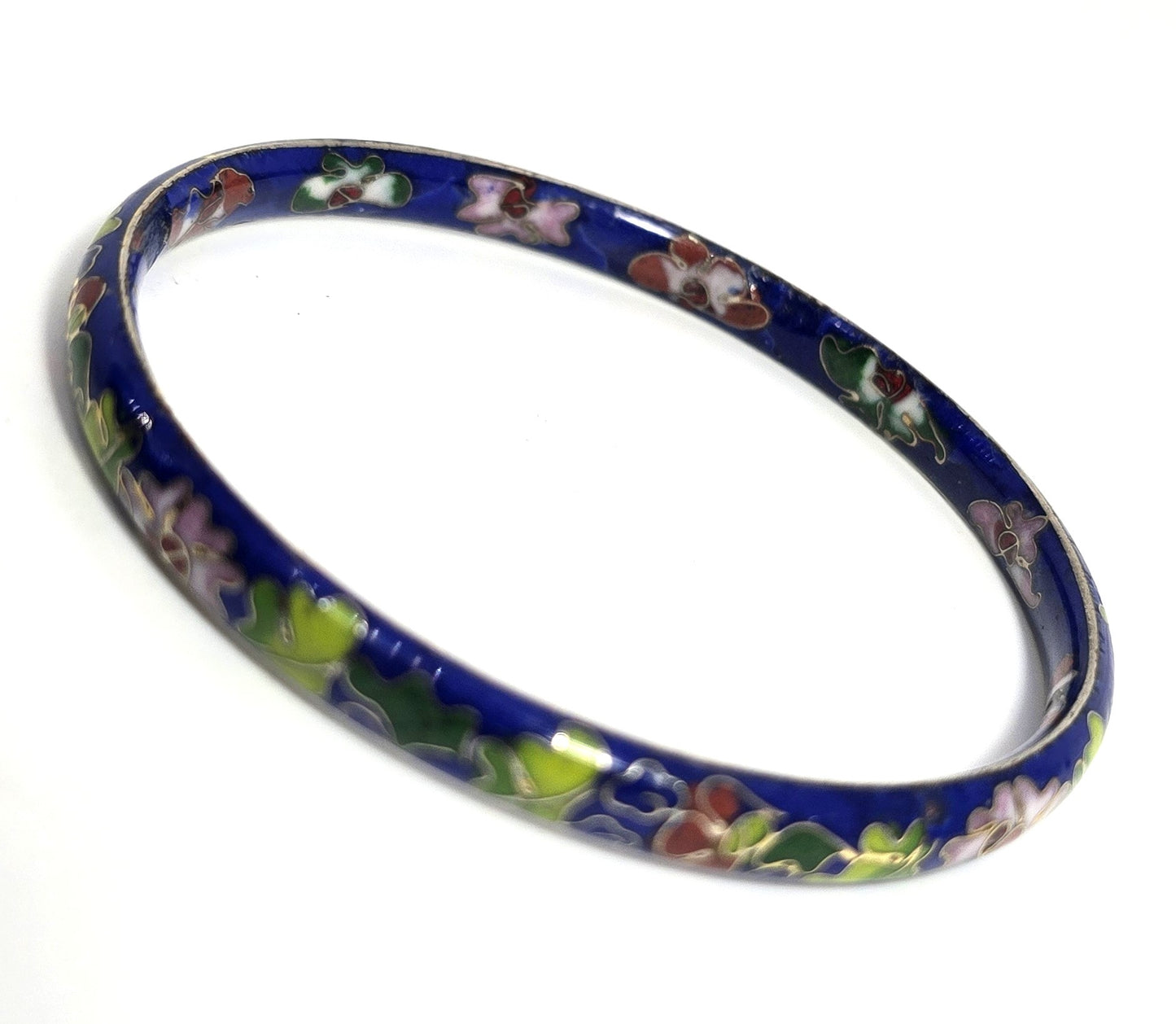 Blue Cloisonne enamel red and pink flower vintage bangle bracelet