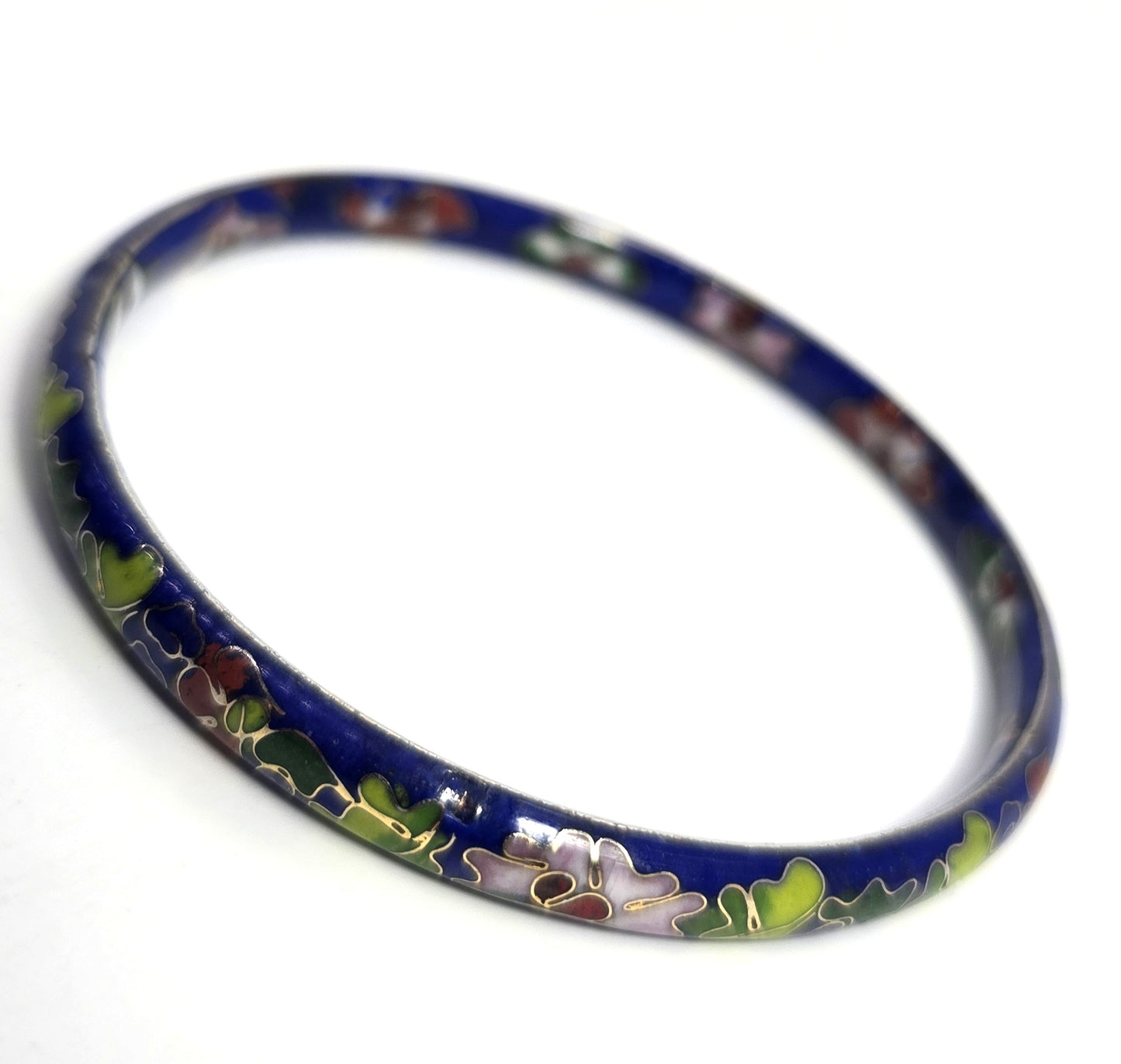 Blue Cloisonne enamel red and pink flower vintage bangle bracelet