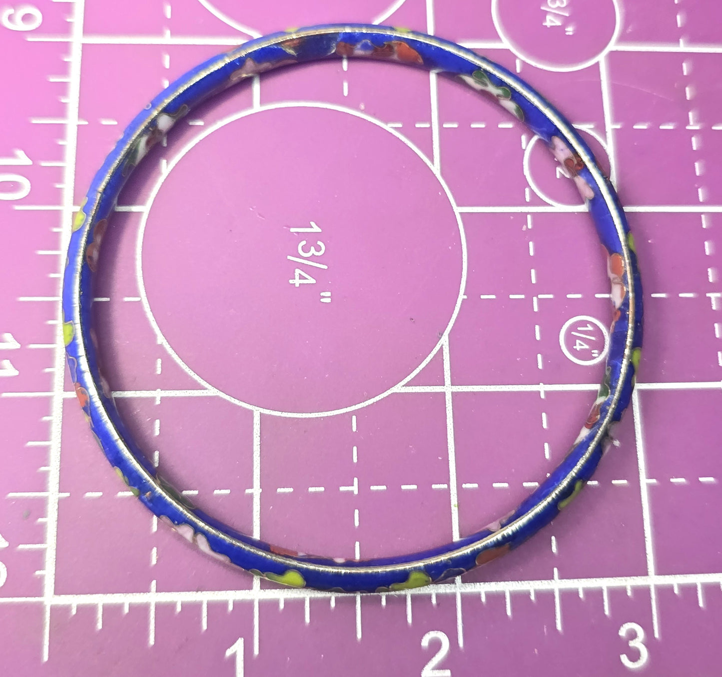 Blue Cloisonne enamel red and pink flower vintage bangle bracelet