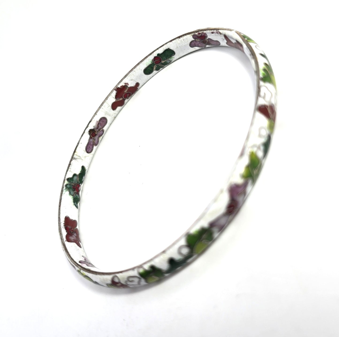 White Cloisonne enamel red and pink flower vintage bangle bracelet