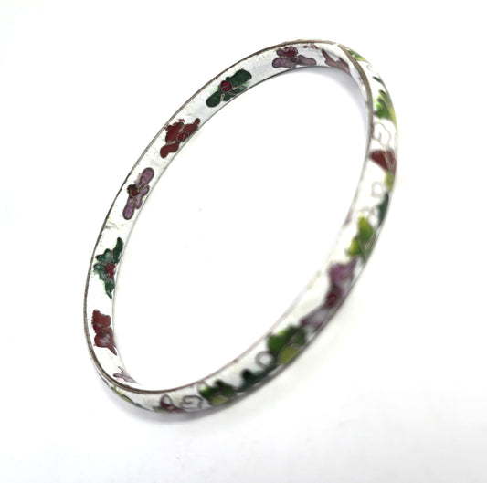 White Cloisonne enamel red and pink flower vintage bangle bracelet