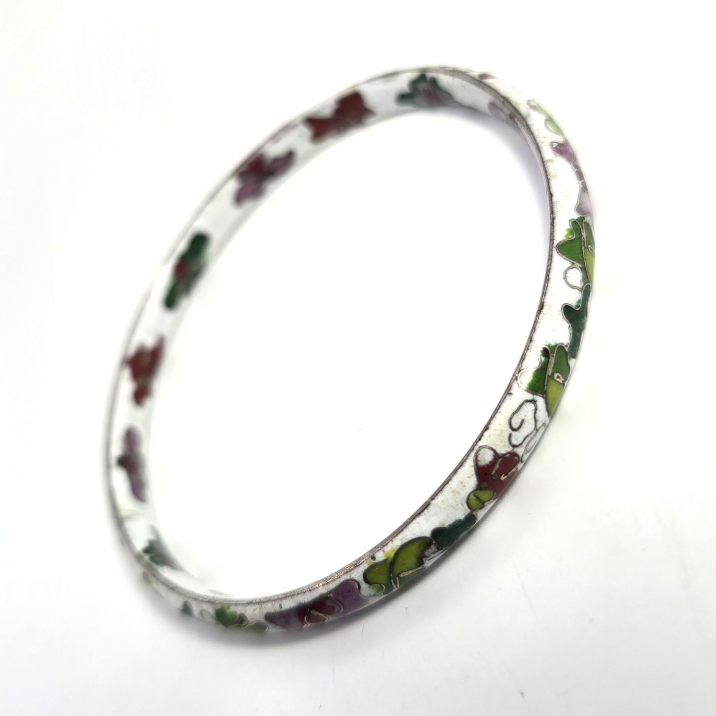 White Cloisonne enamel red and pink flower vintage bangle bracelet