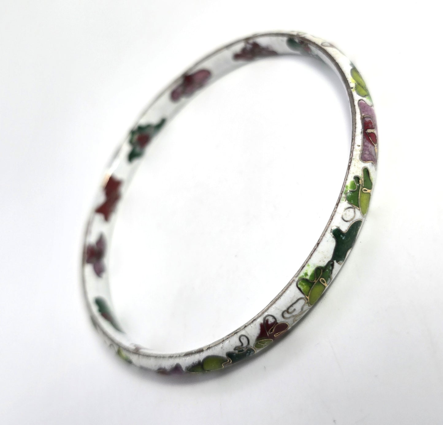 White Cloisonne enamel red and pink flower vintage bangle bracelet