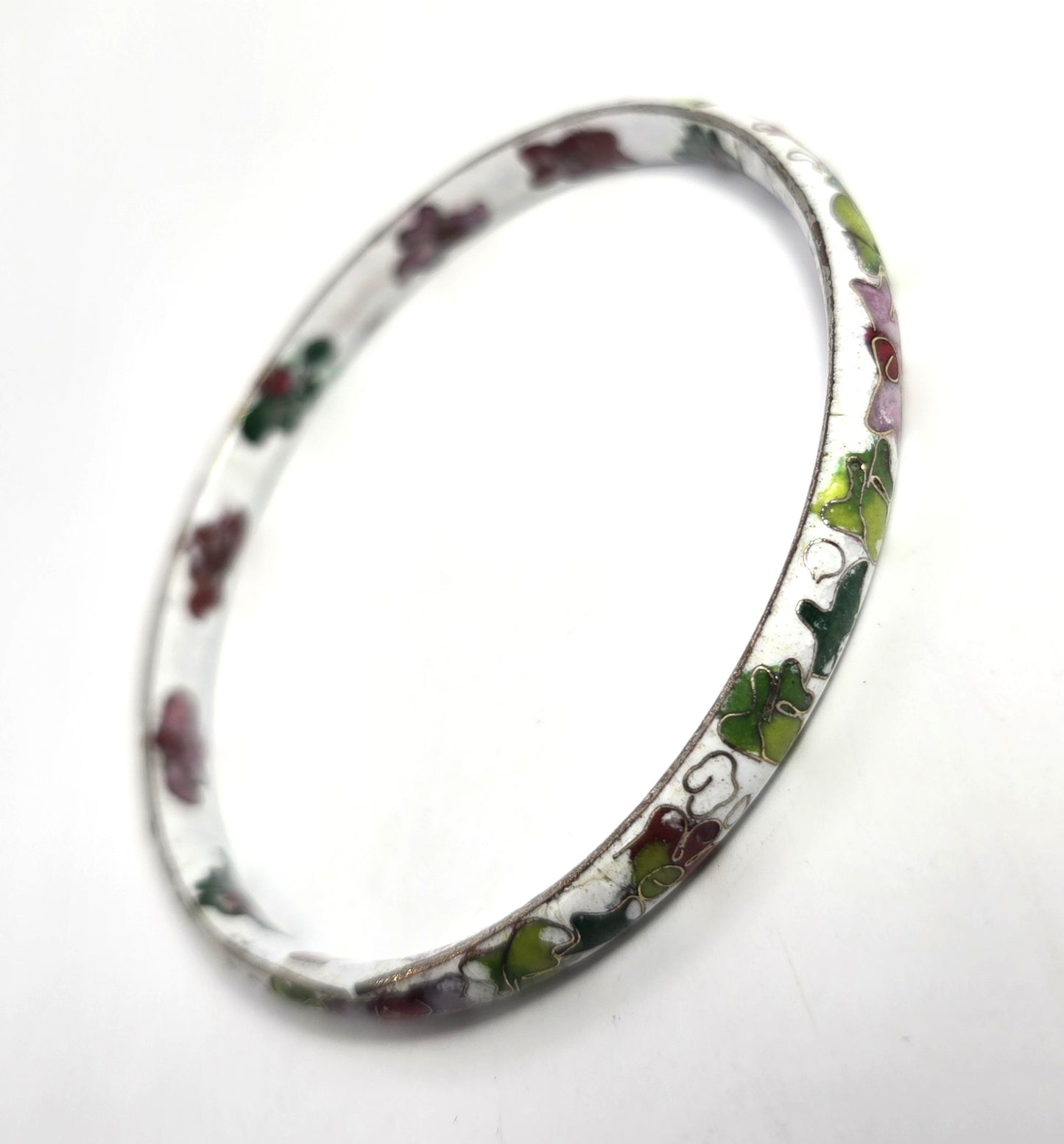 White Cloisonne enamel red and pink flower vintage bangle bracelet