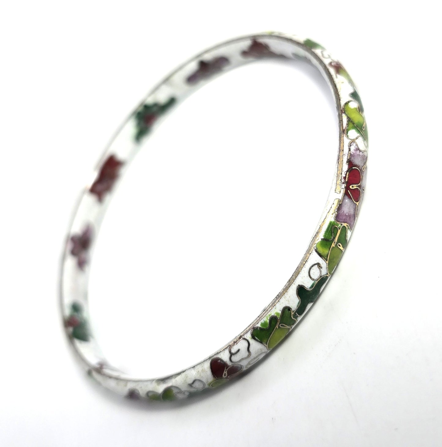 White Cloisonne enamel red and pink flower vintage bangle bracelet