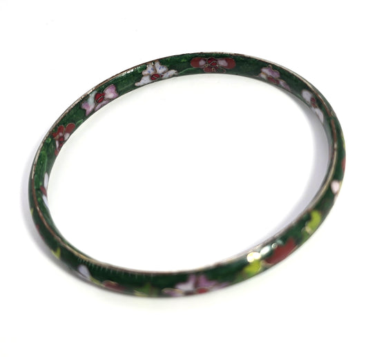 Green Cloisonne enamel red and pink flower vintage bangle bracelet