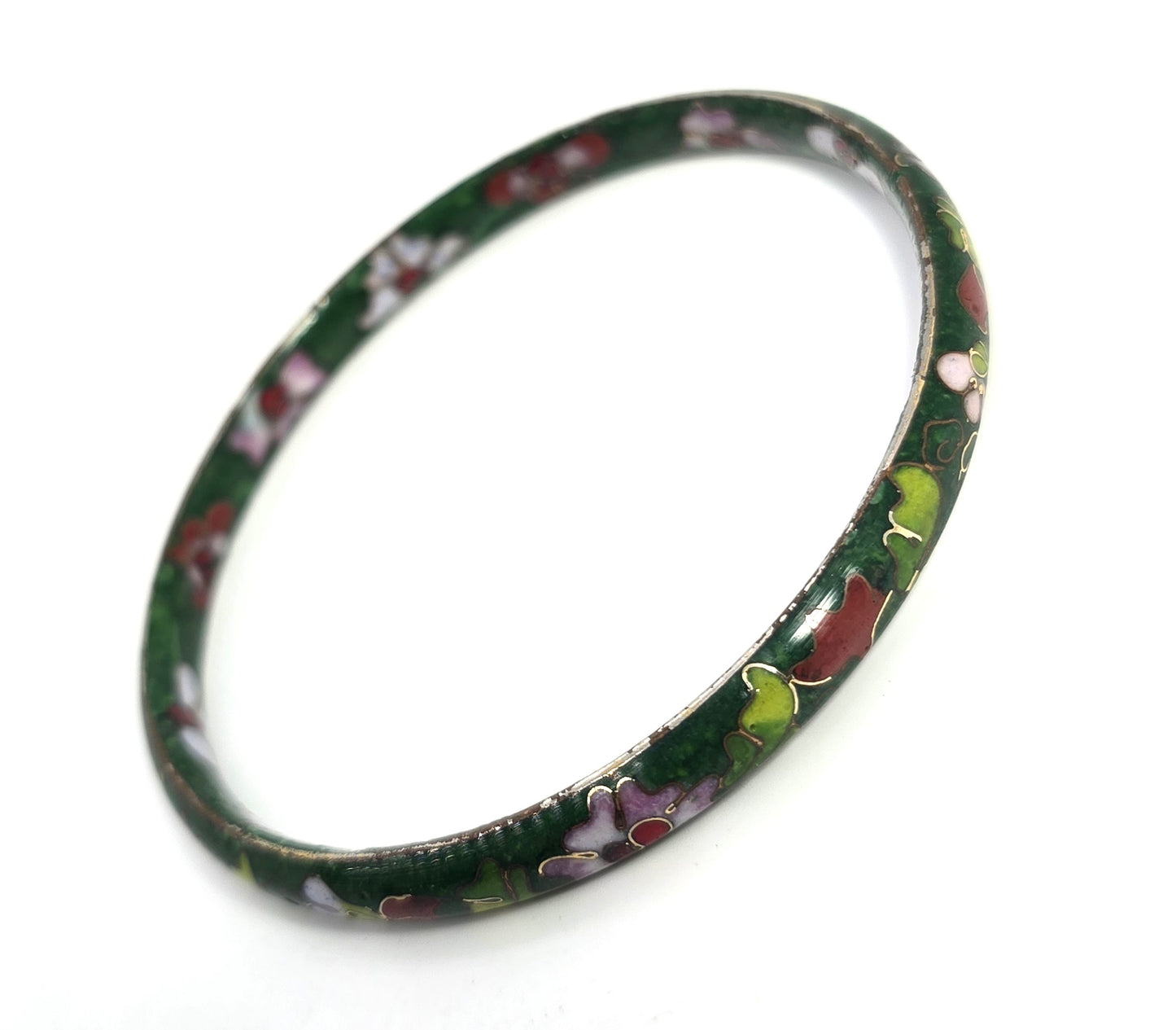 Green Cloisonne enamel red and pink flower vintage bangle bracelet
