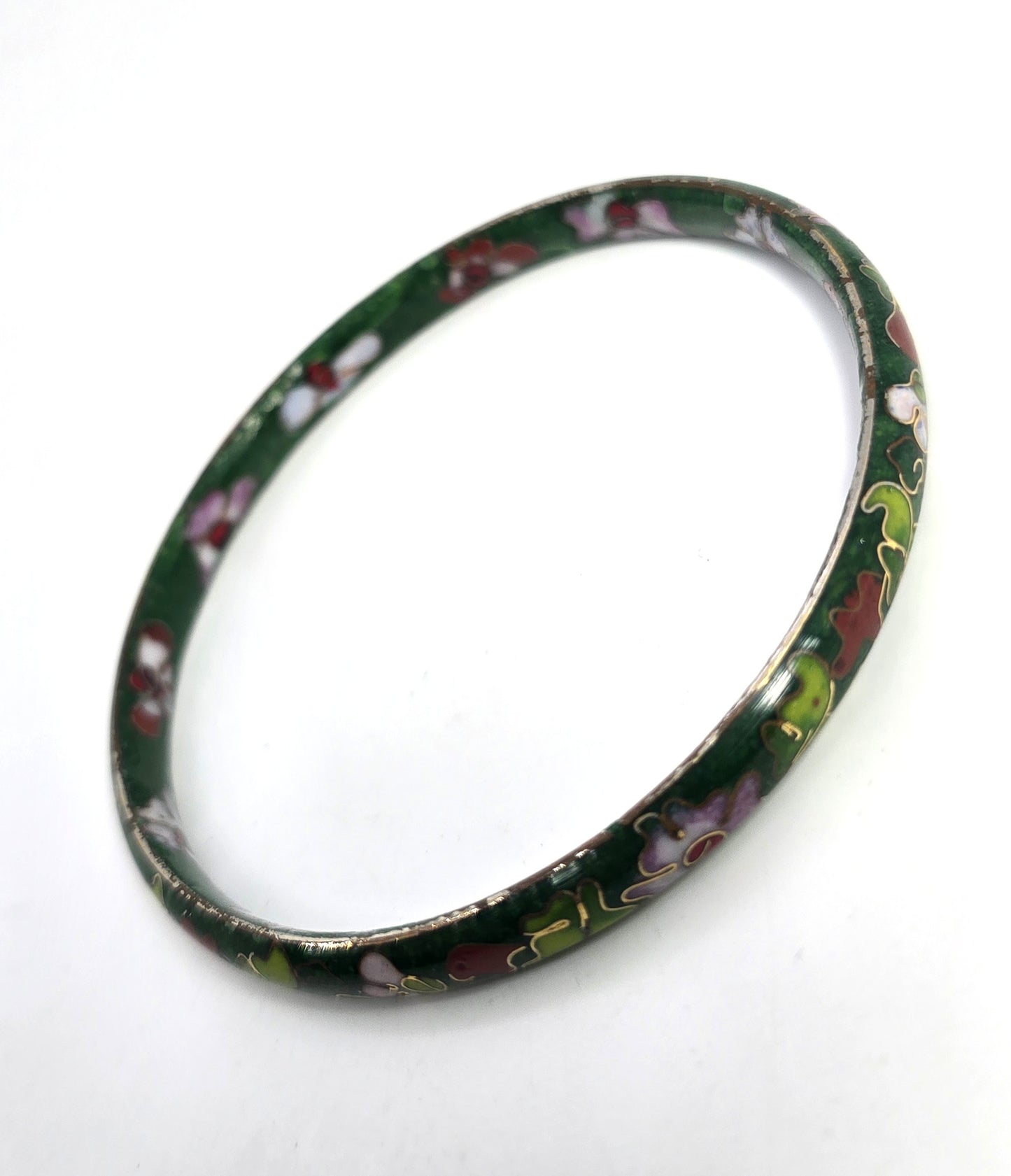 Green Cloisonne enamel red and pink flower vintage bangle bracelet