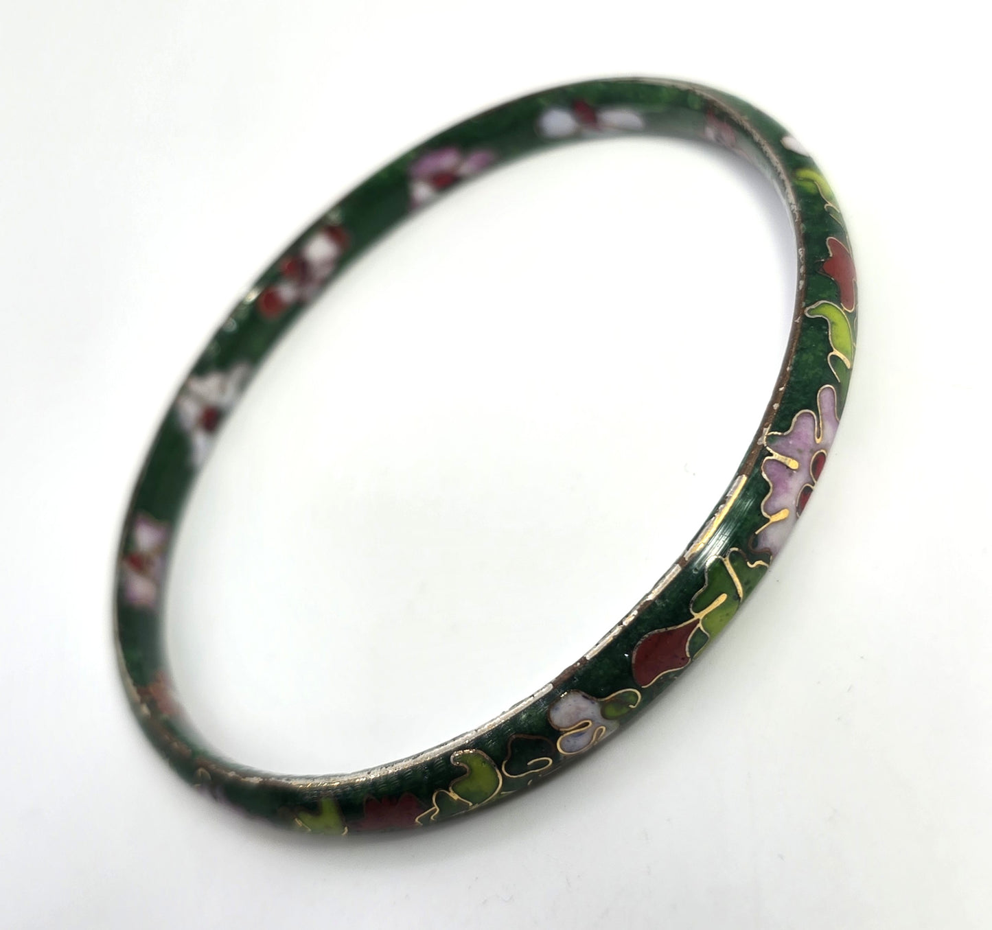 Green Cloisonne enamel red and pink flower vintage bangle bracelet