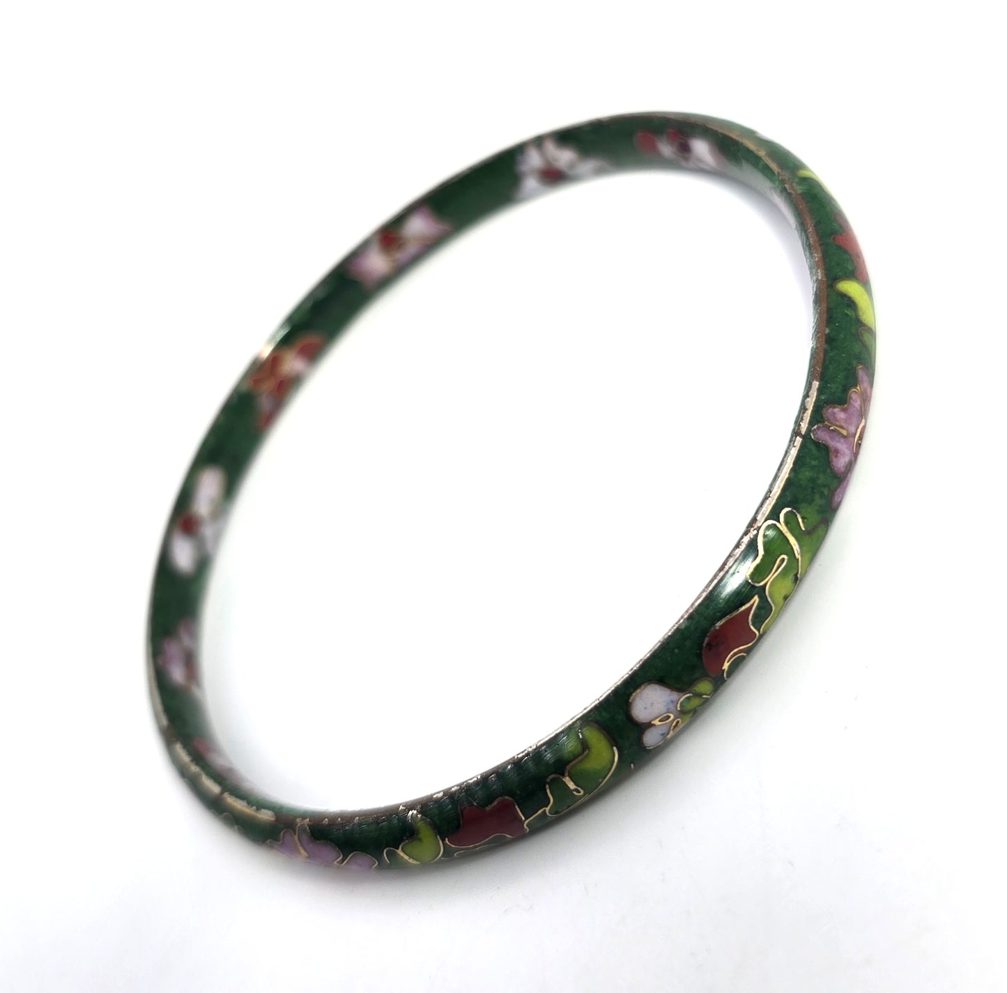 Green Cloisonne enamel red and pink flower vintage bangle bracelet