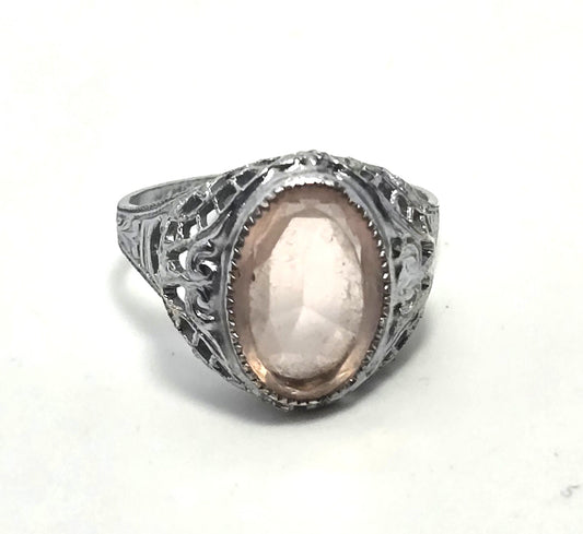 Nemco Antique Art Deco rhodium filigree pink paste ring size 5.5