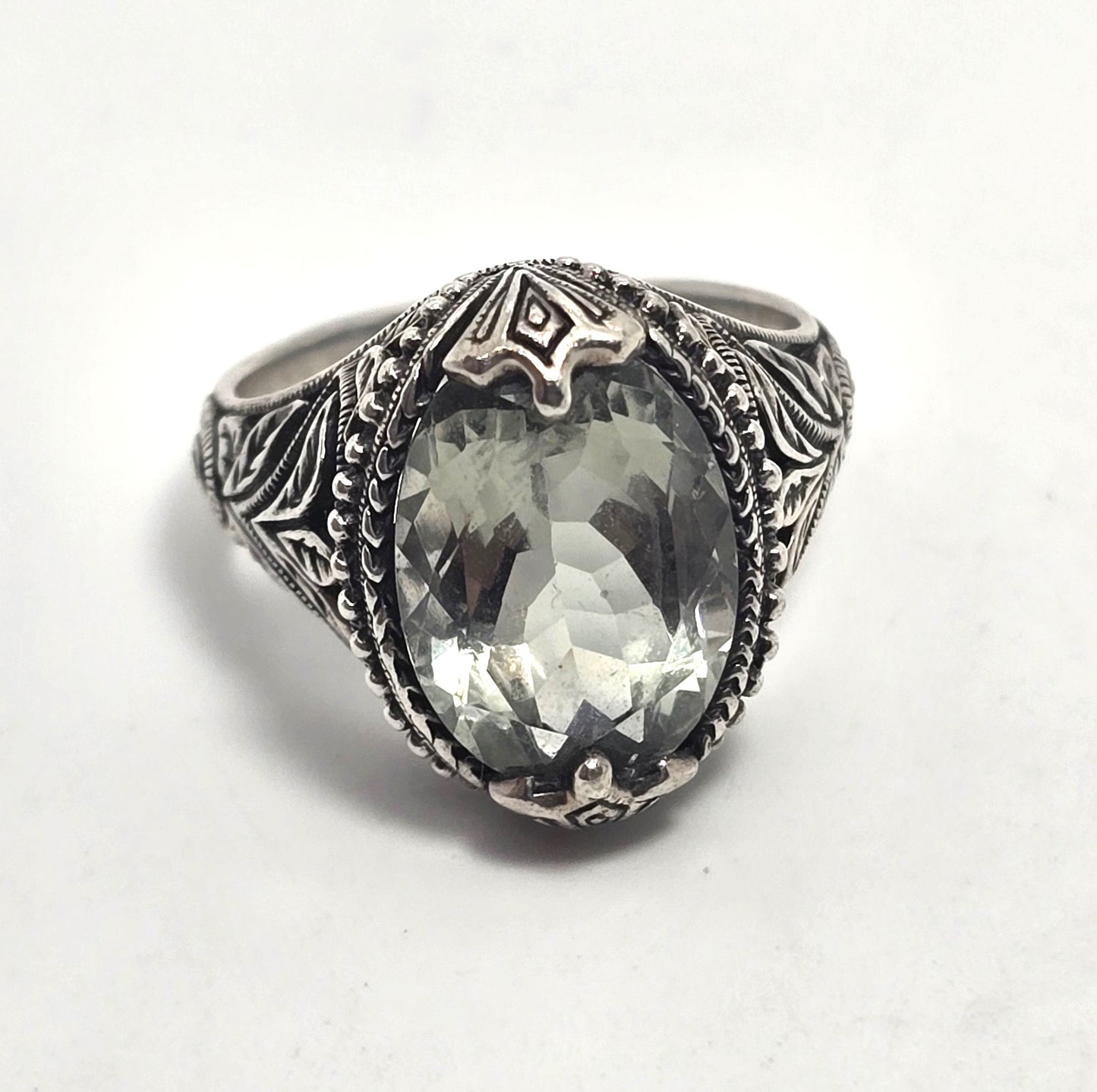 Prasiolite Green Quartz 5.00 ct tw and Sterling Silver Filigree Ring Size 7