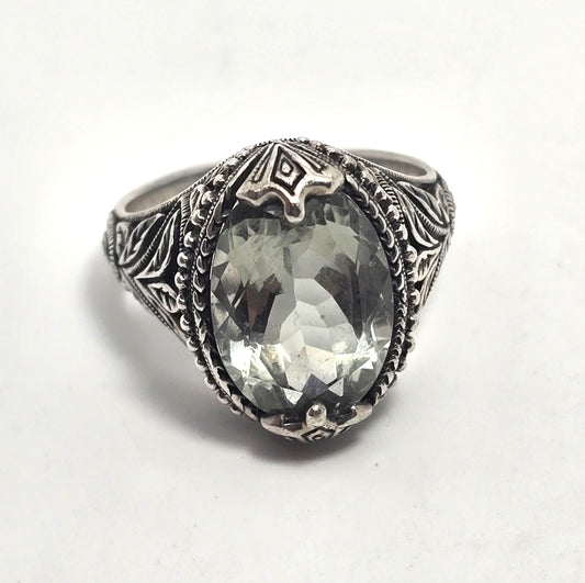Prasiolite Green Quartz 5.00 ct tw and Sterling Silver Filigree Ring Size 7