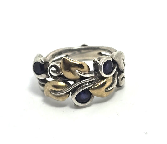 Barbara Bixby Sterling Silver & 18K Gold Iolite Ivy leaf band Ring Size 7