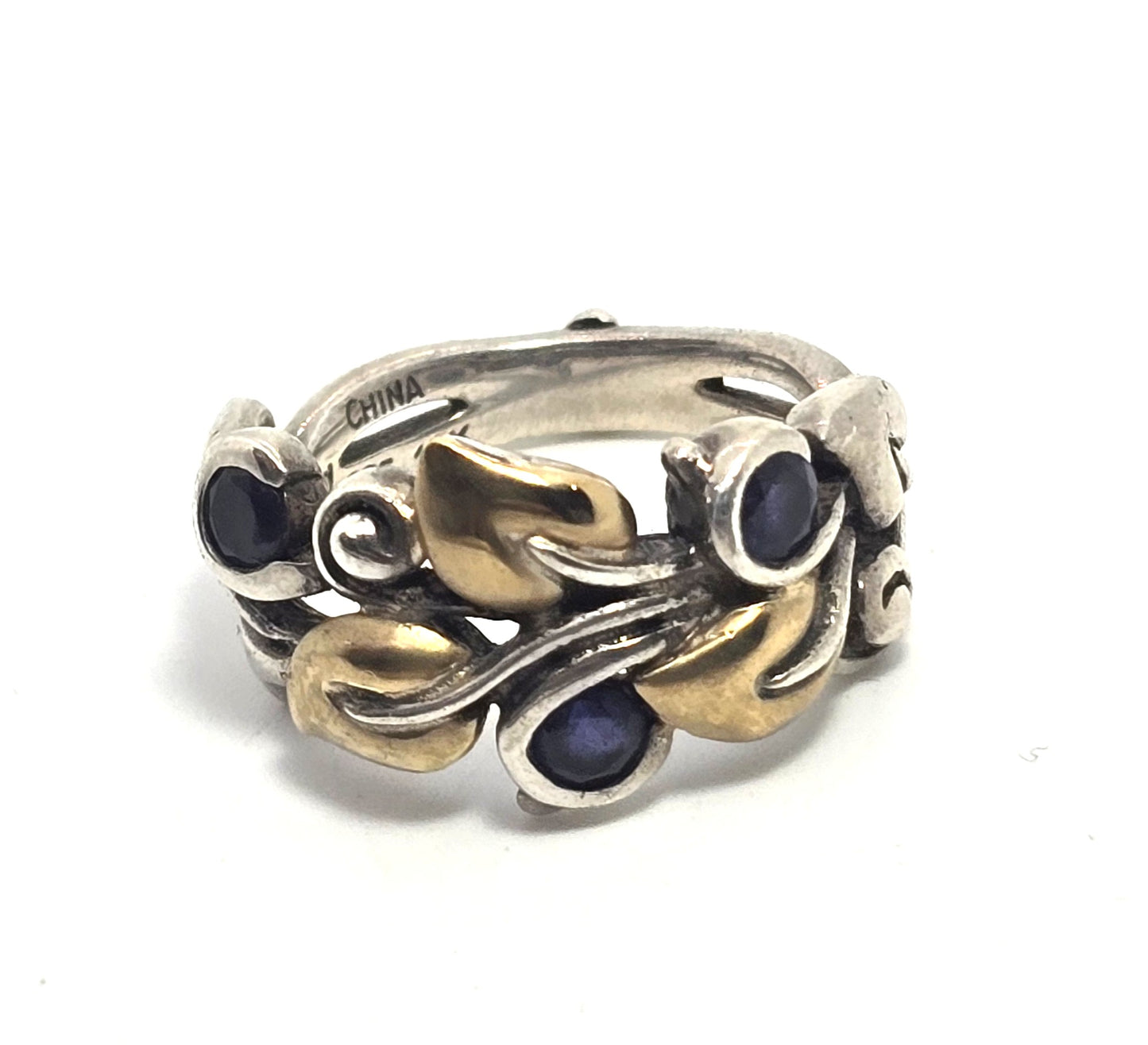 Barbara Bixby Sterling Silver & 18K Gold Iolite Ivy leaf band Ring Size 7