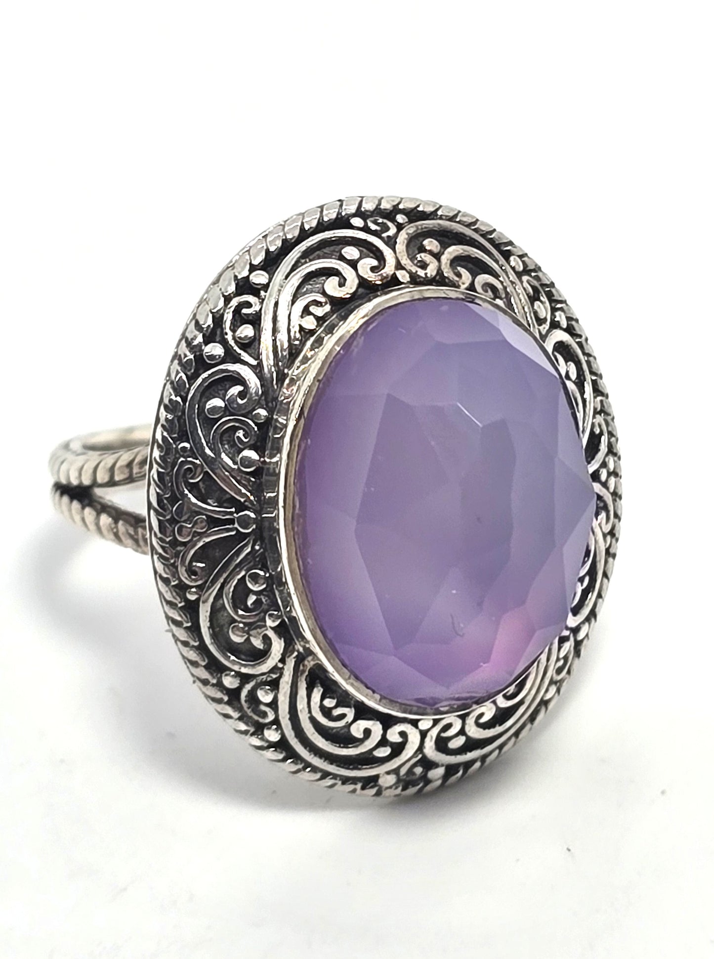 Sajen IN Blue Purple Chalcedony faceted domed Balinese large vintage ring size 8