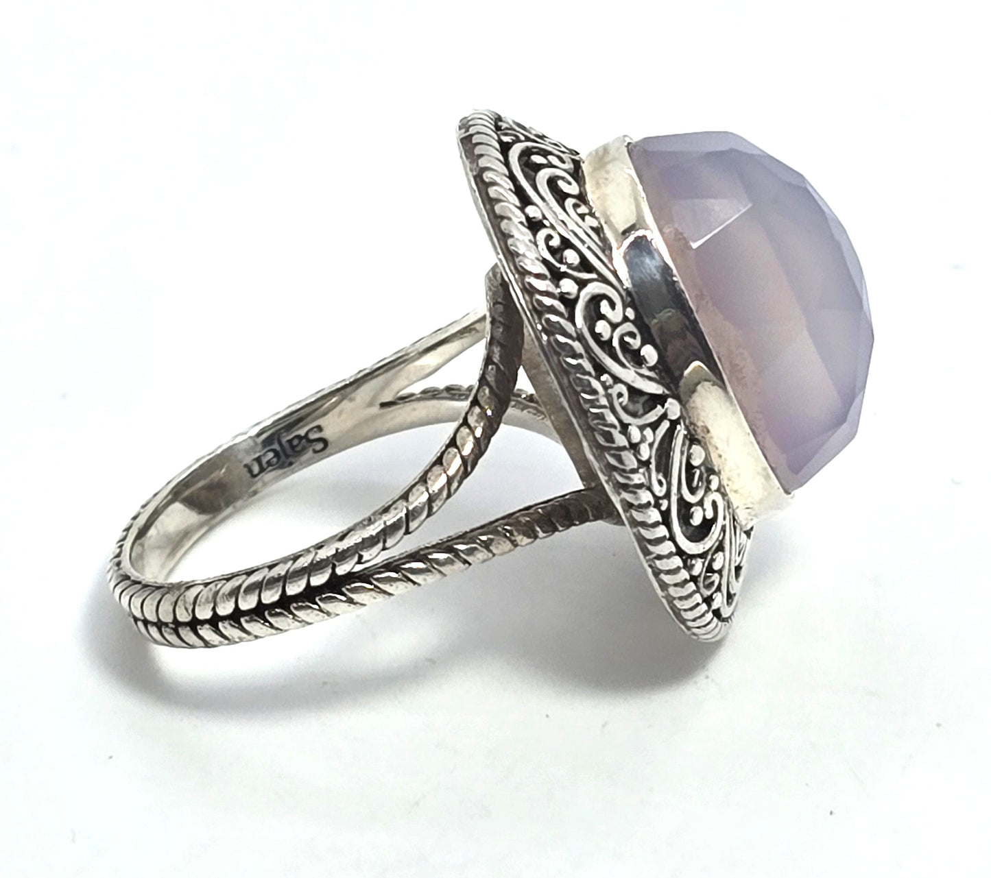 Sajen IN Blue Purple Chalcedony faceted domed Balinese large vintage ring size 8