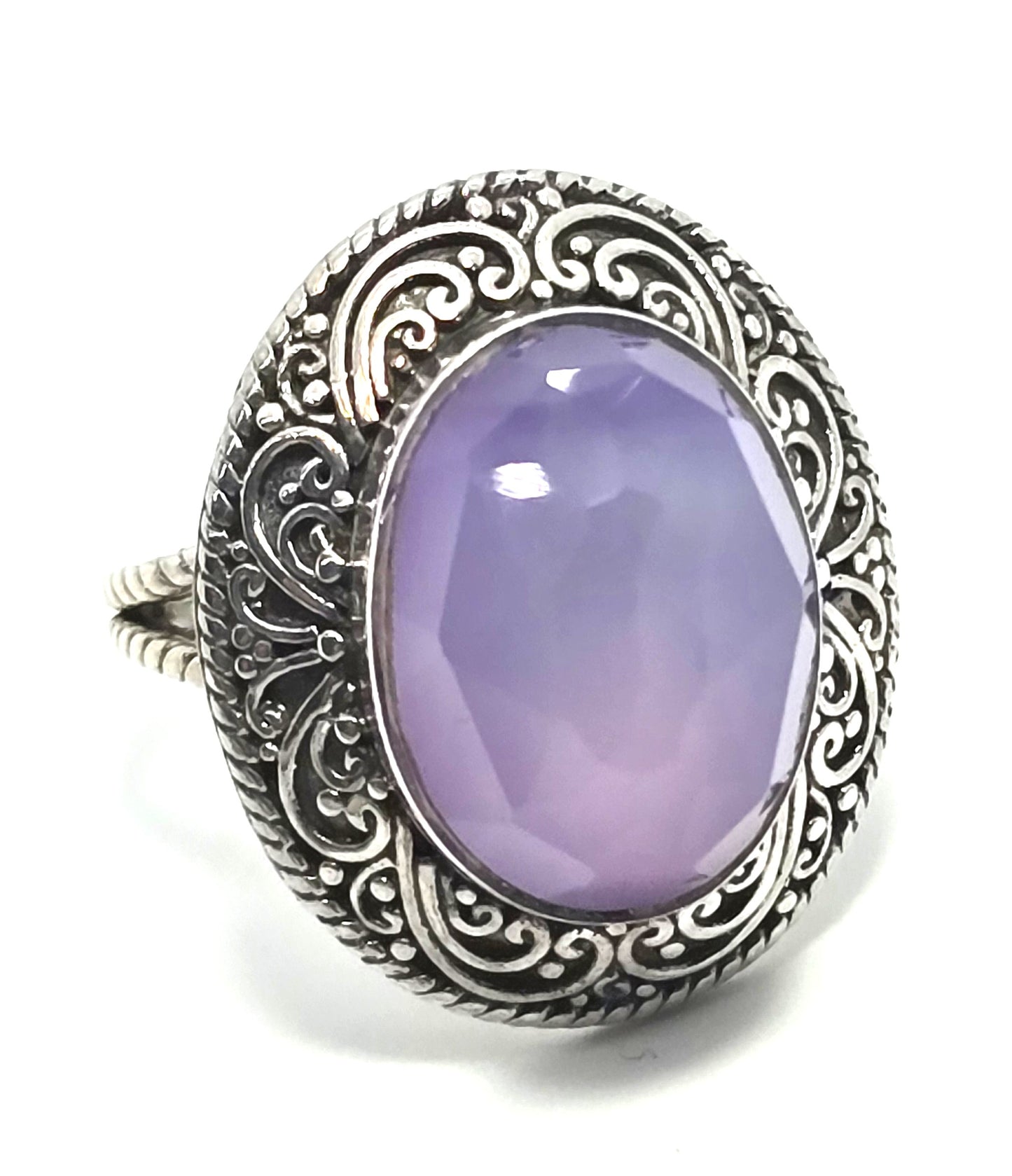 Sajen IN Blue Purple Chalcedony faceted domed Balinese large vintage ring size 8