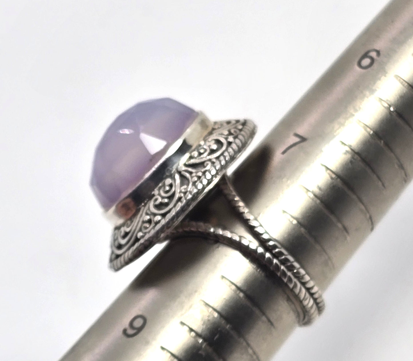 Sajen IN Blue Purple Chalcedony faceted domed Balinese large vintage ring size 8