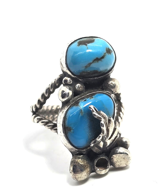 Large Double Turquoise Navajo Native American vintage sterling silver ring size 7