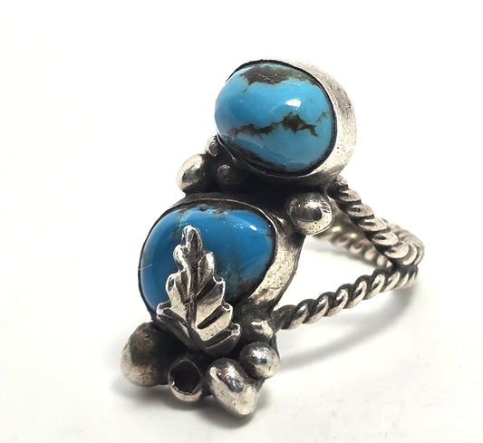 Large Double Turquoise Navajo Native American vintage sterling silver ring size 7