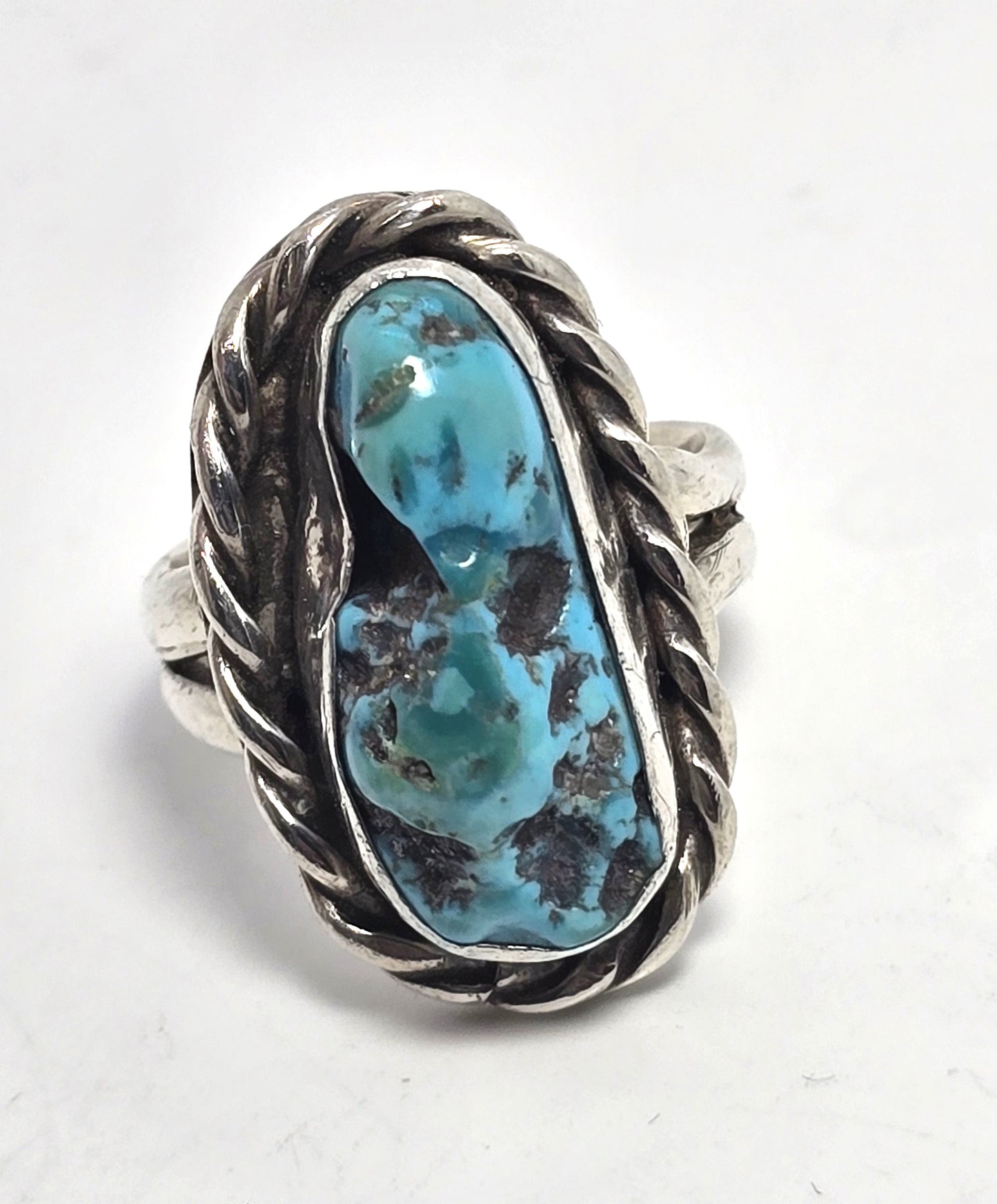 Natural Rough turquoise sterling silver twisted rope split Southwestern ring size 8