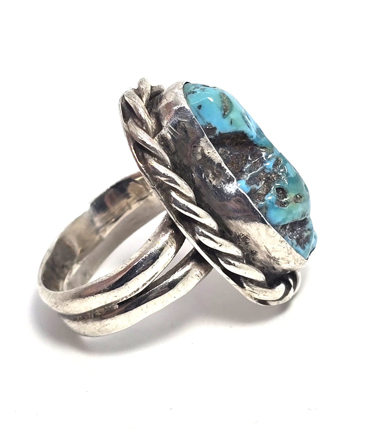 Natural Rough turquoise sterling silver twisted rope split Southwestern ring size 8