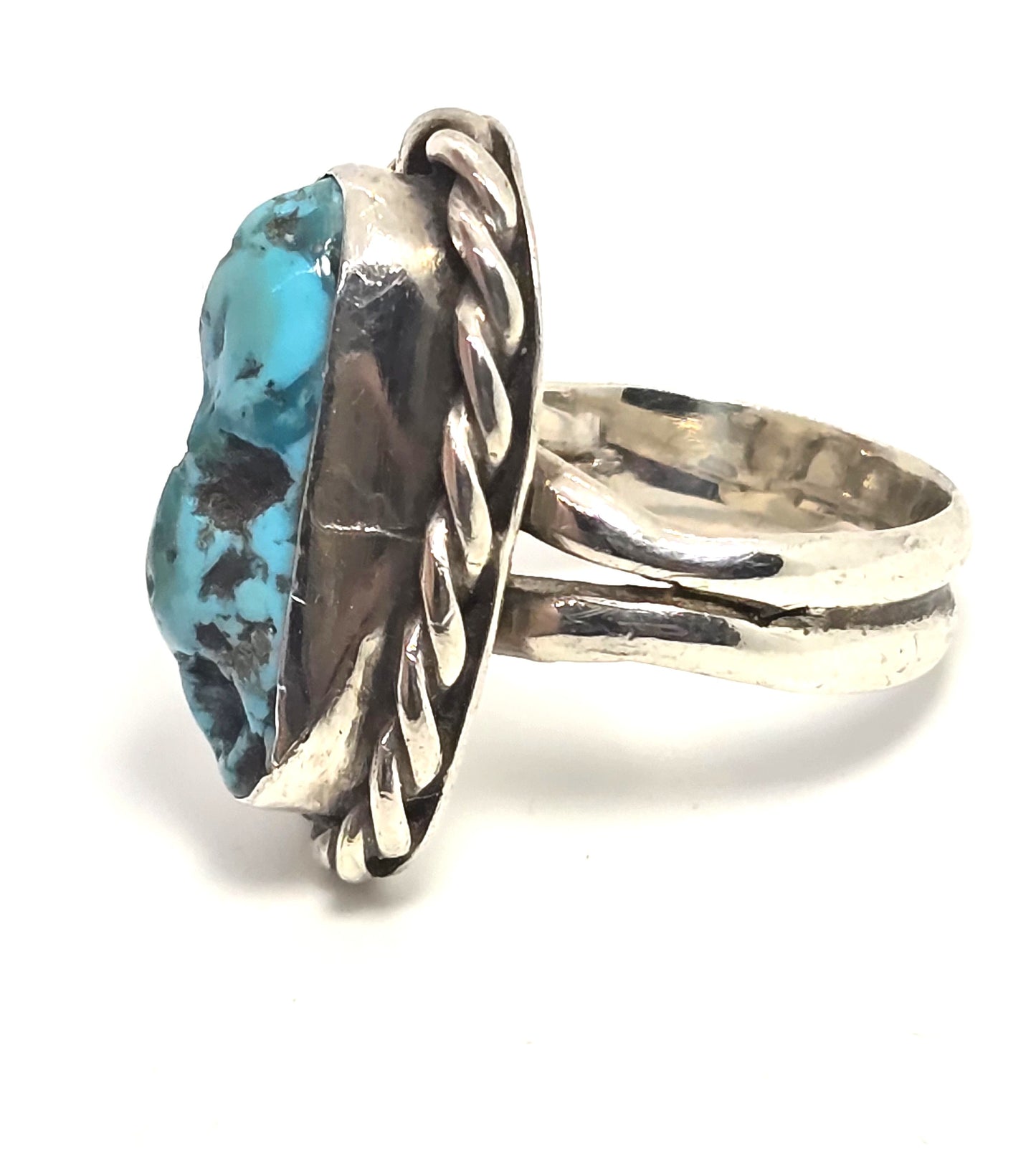 Natural Rough turquoise sterling silver twisted rope split Southwestern ring size 8