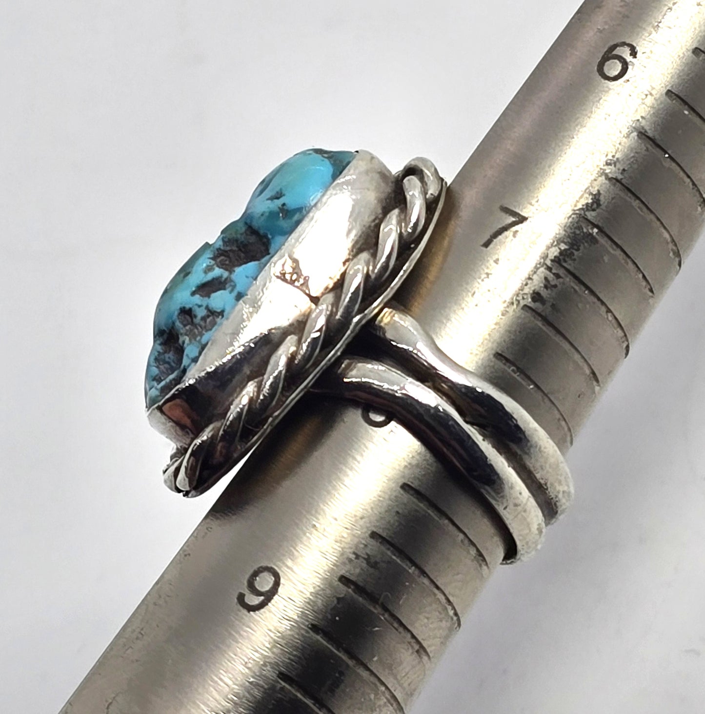 Natural Rough turquoise sterling silver twisted rope split Southwestern ring size 8