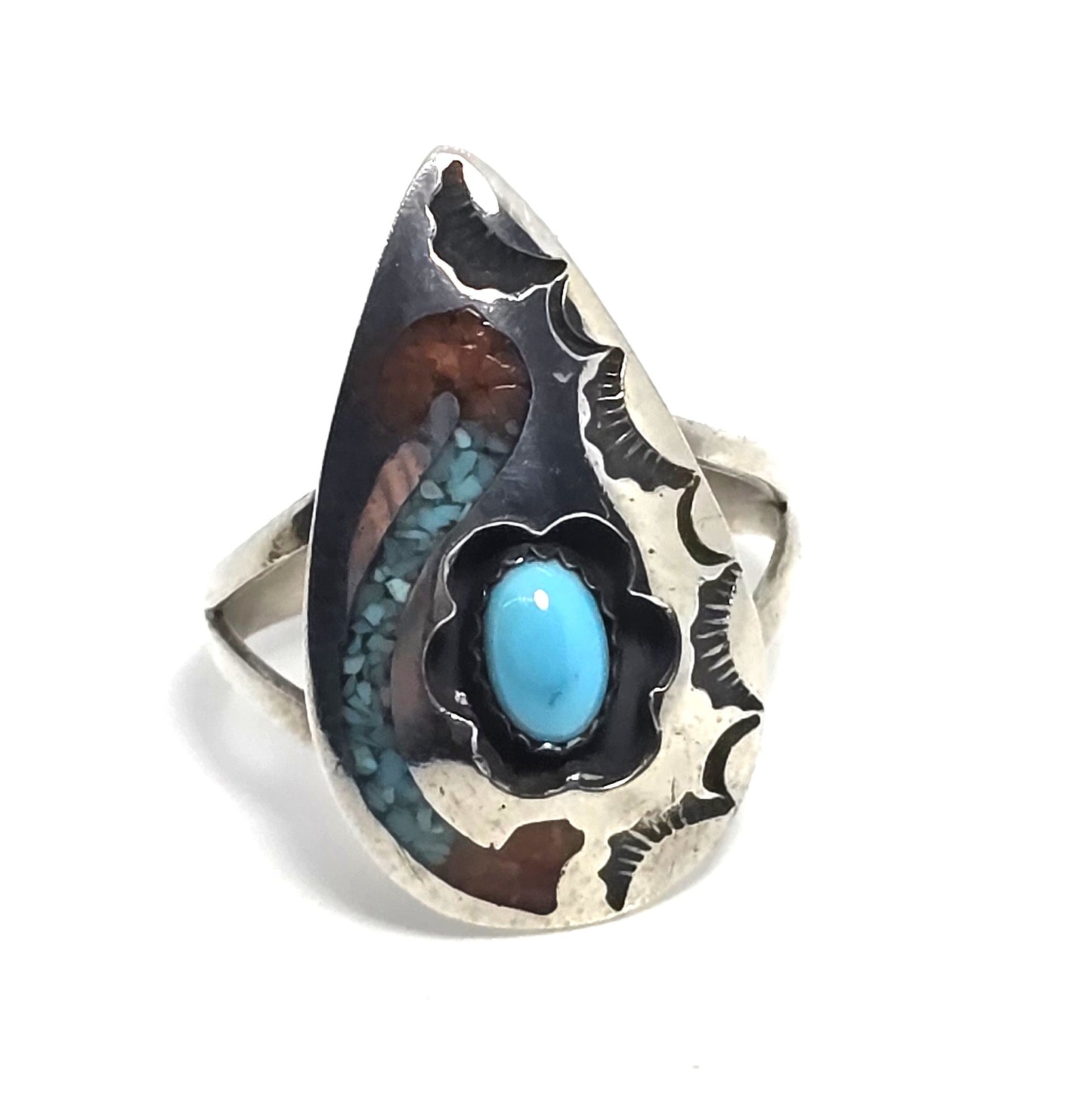 Turquoise Coral Snake inlay concho Native American signed sterling silver ring size 7