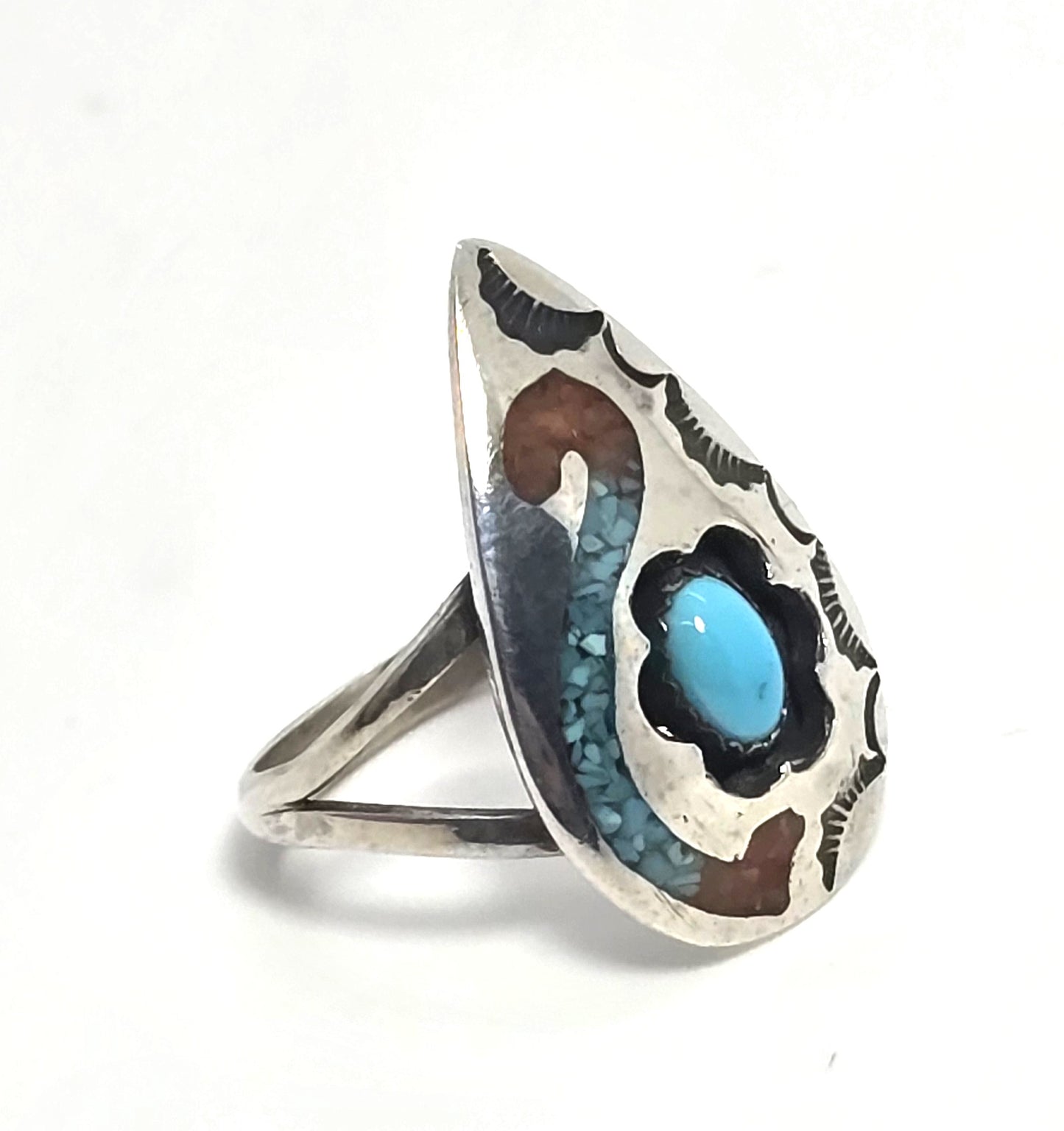 Turquoise Coral Snake inlay concho Native American signed sterling silver ring size 7