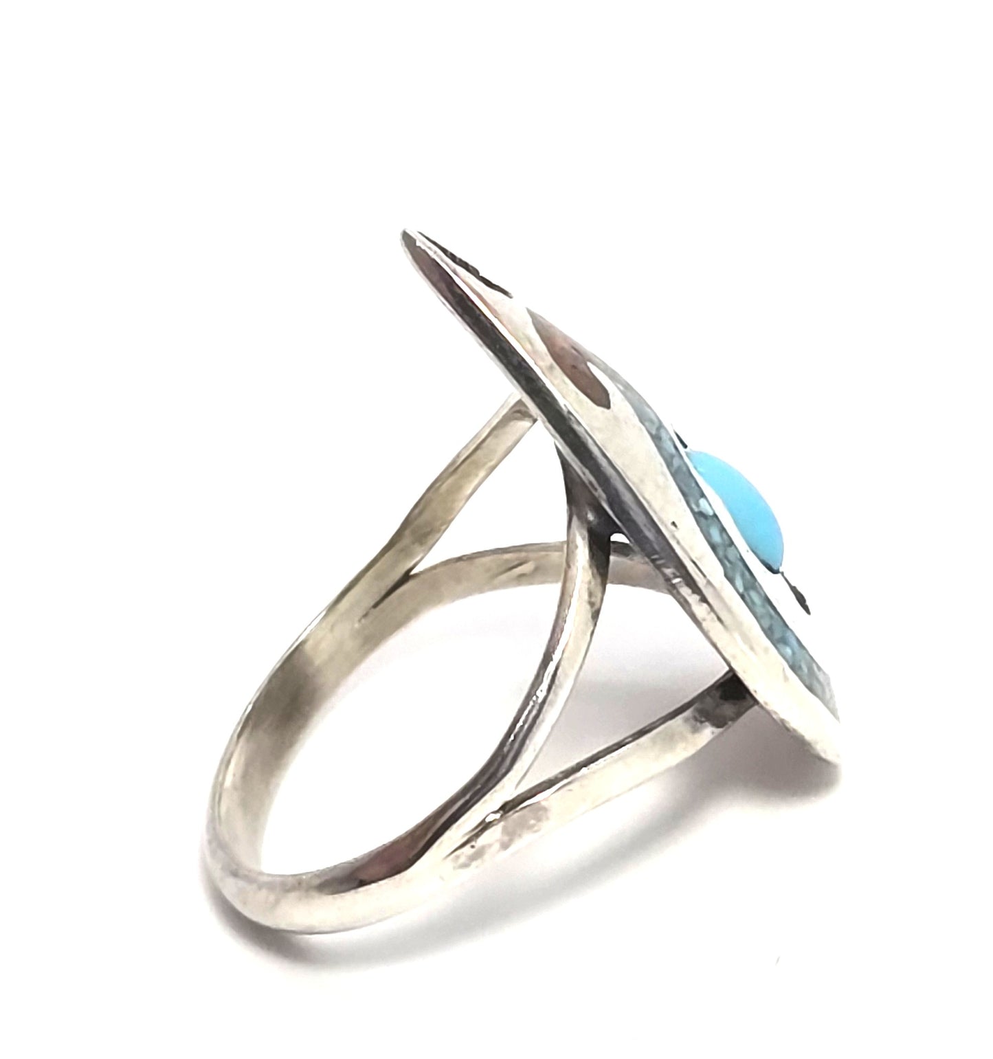 Turquoise Coral Snake inlay concho Native American signed sterling silver ring size 7